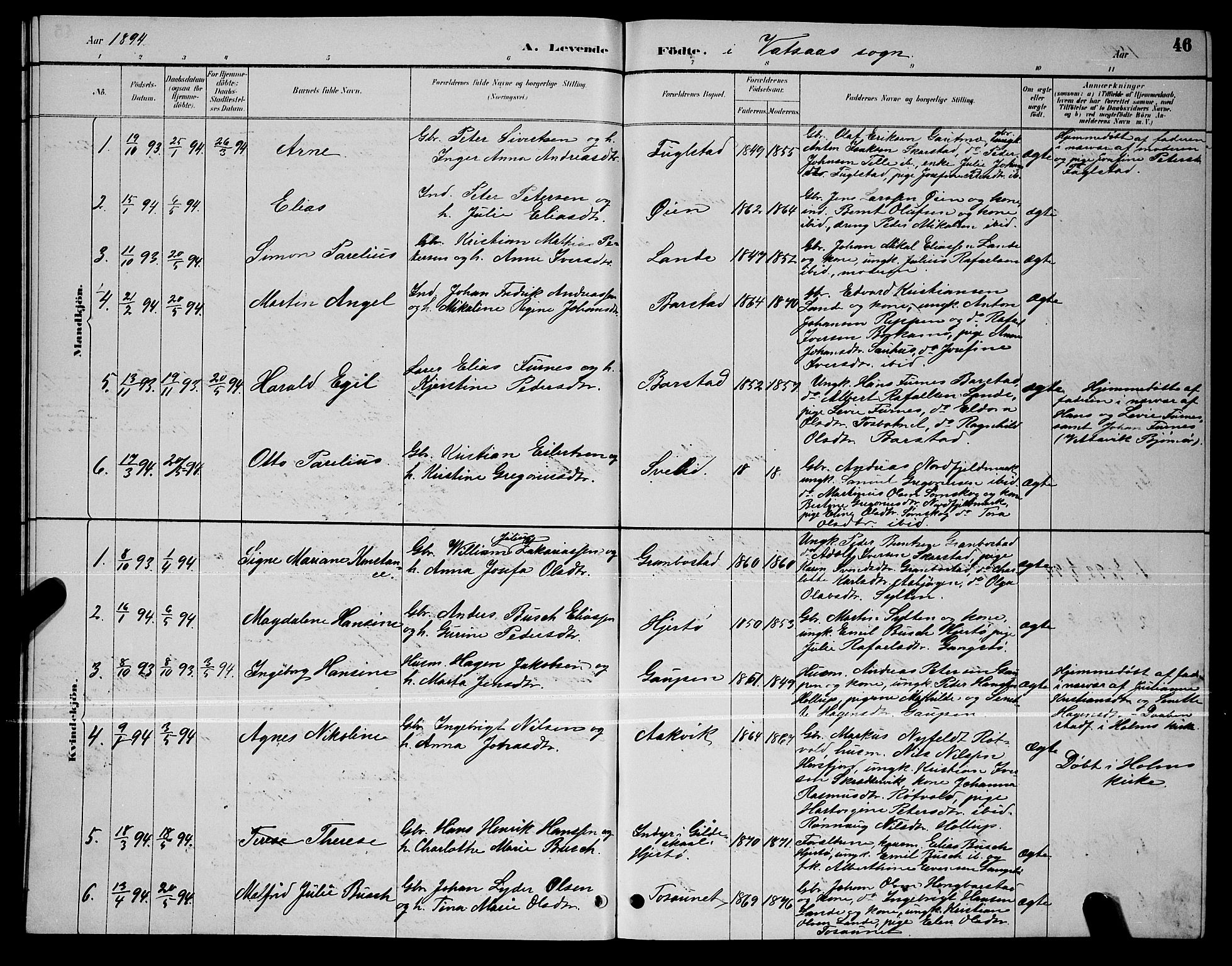 Ministerialprotokoller, klokkerbøker og fødselsregistre - Nordland, SAT/A-1459/810/L0160: Parish register (copy) no. 810C03, 1884-1896, p. 46