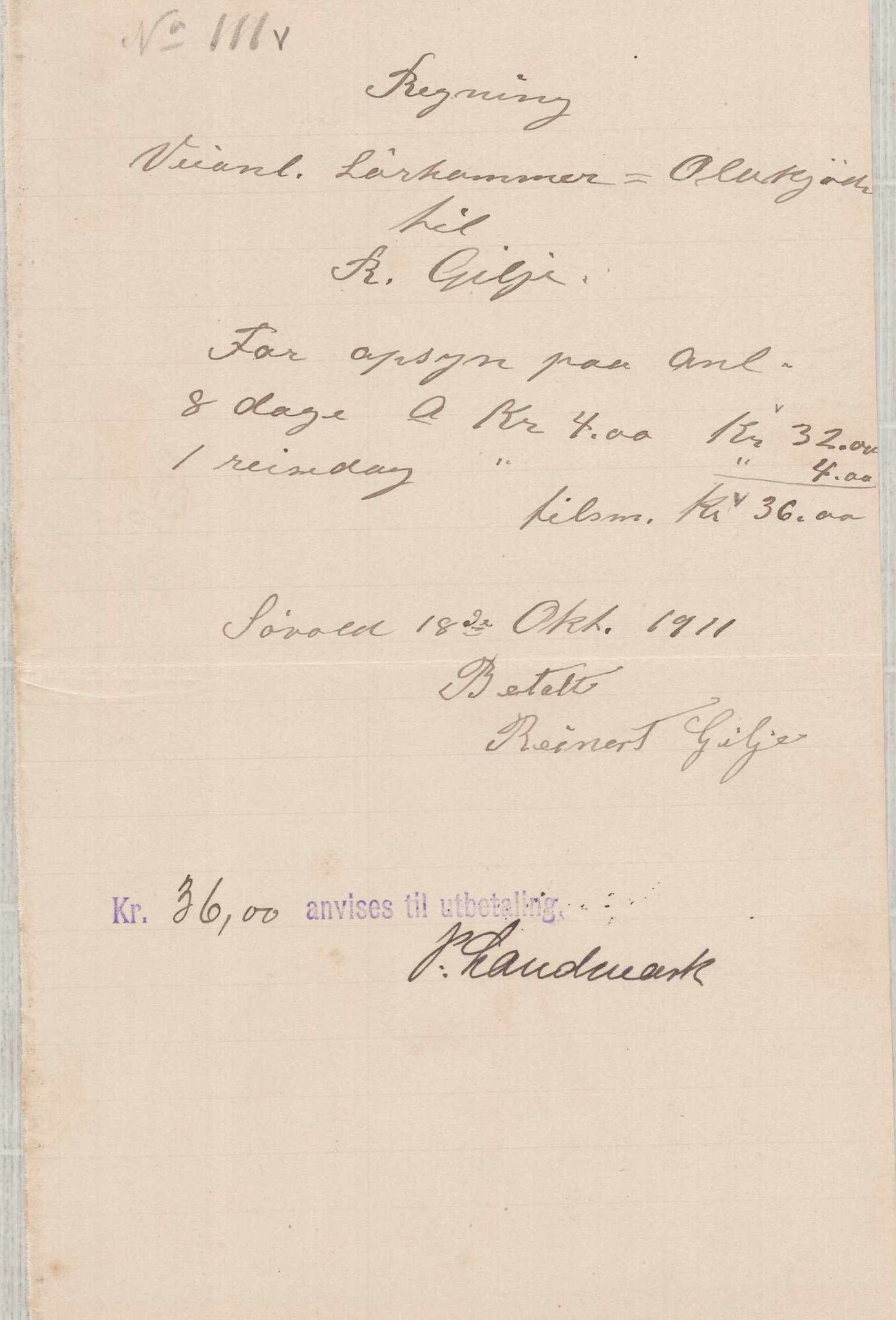 Finnaas kommune. Formannskapet, IKAH/1218a-021/E/Ea/L0001/0003: Rekneskap for veganlegg / Rekneskap for veganlegget Laurhammer - Olakjødn, 1909-1911, p. 80