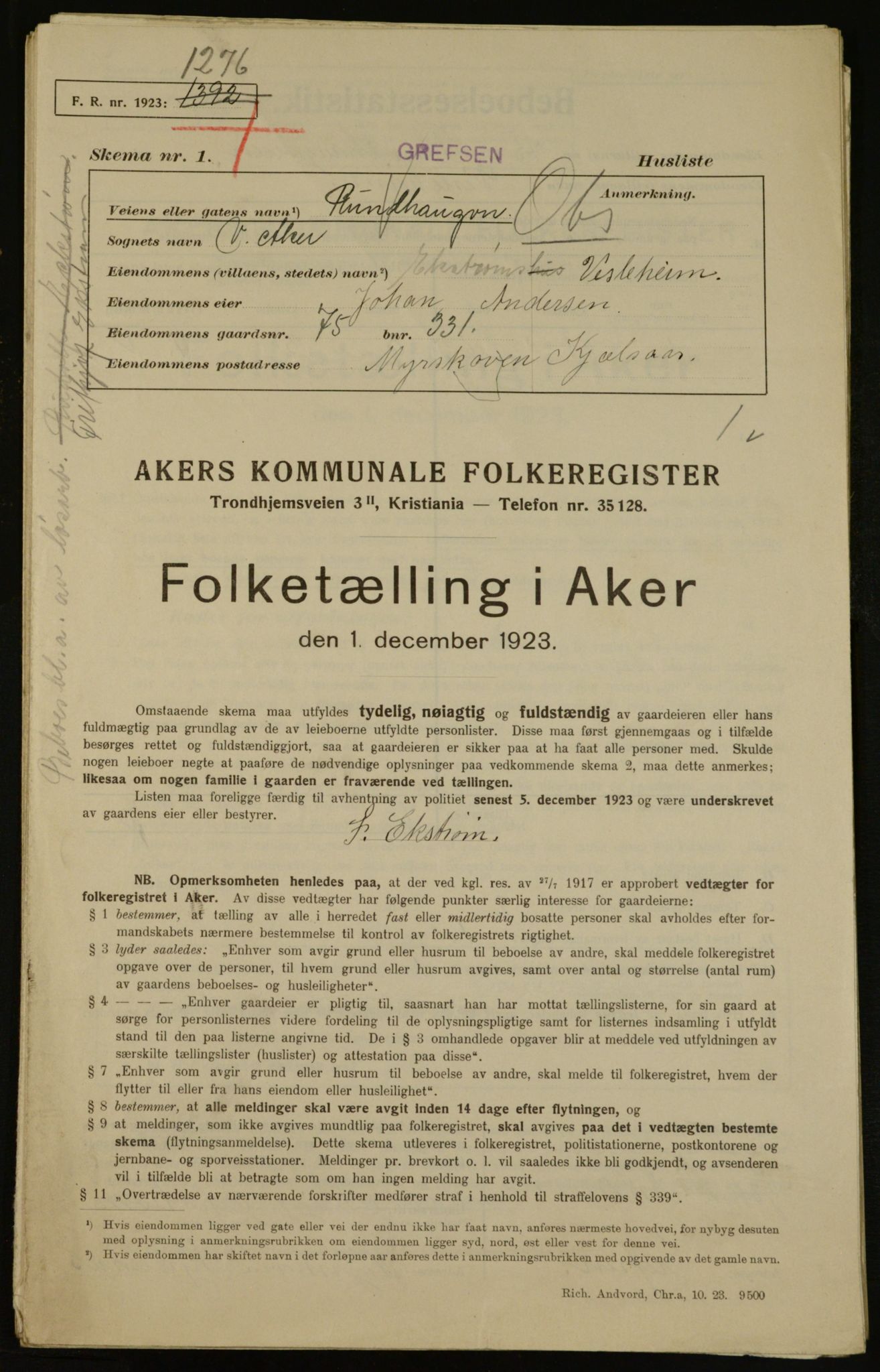 , Municipal Census 1923 for Aker, 1923, p. 15796