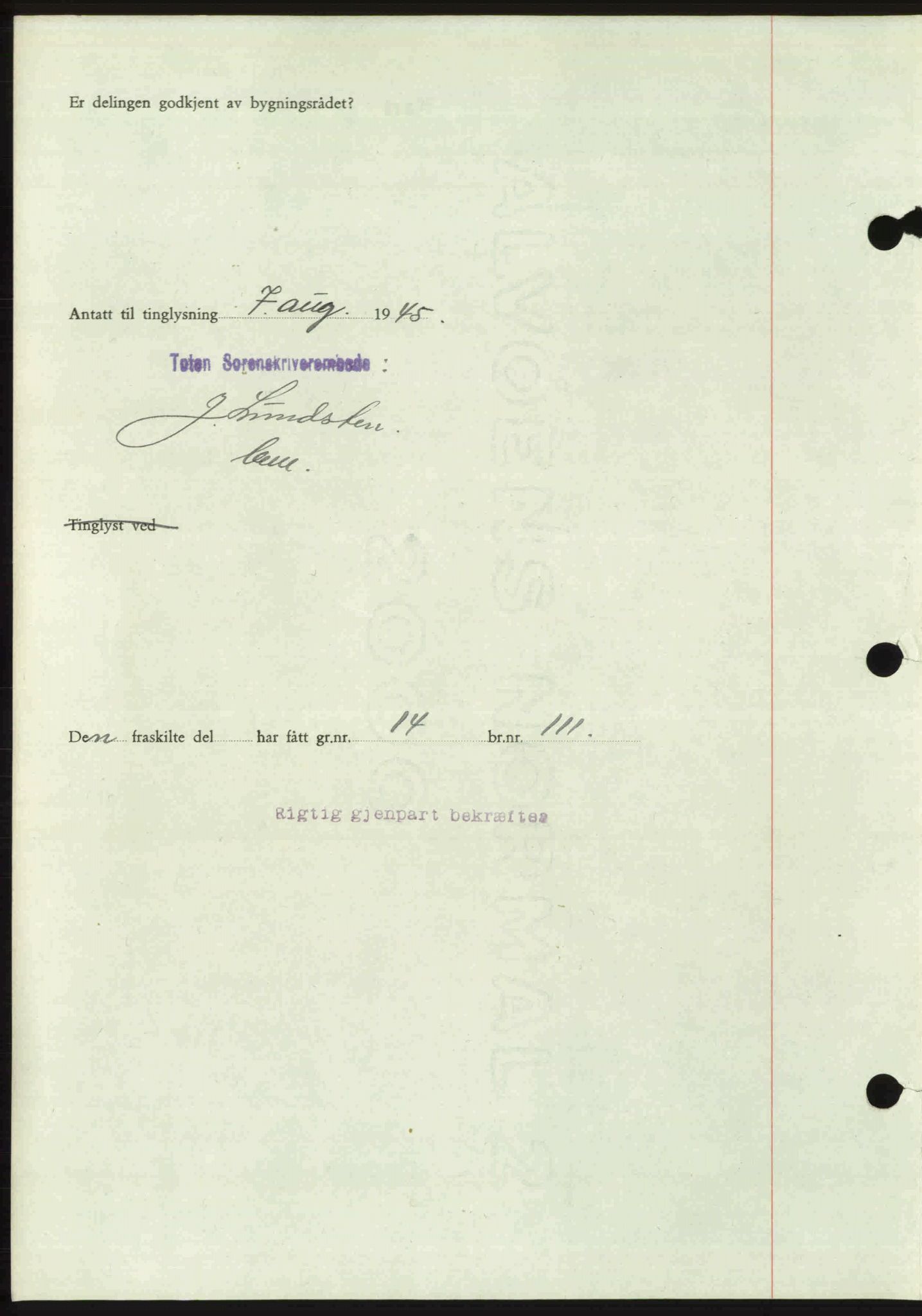 Toten tingrett, AV/SAH-TING-006/H/Hb/Hbc/L0013: Mortgage book no. Hbc-13, 1945-1945, Diary no: : 1101/1945