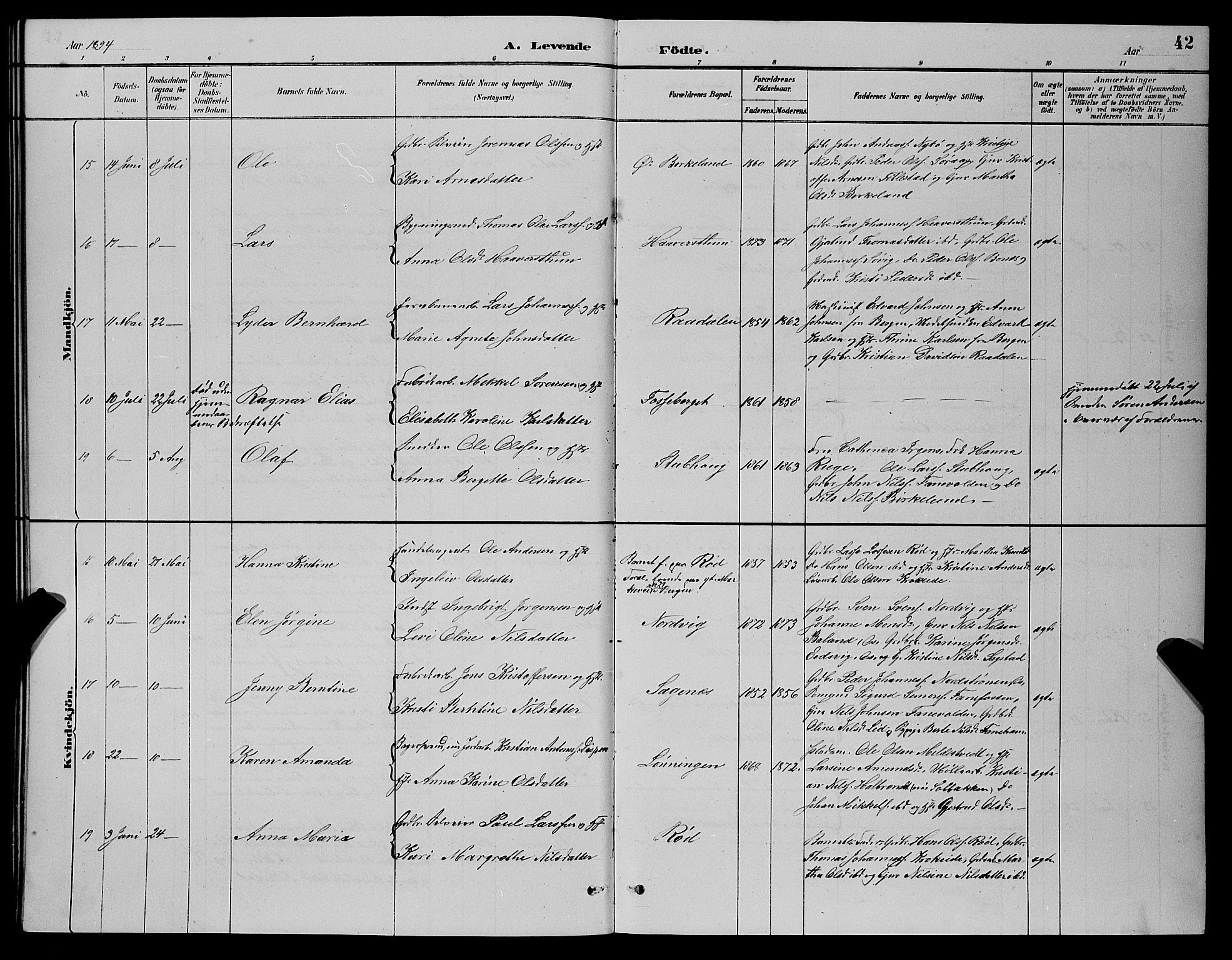 Fana Sokneprestembete, SAB/A-75101/H/Hab/Haba/L0002: Parish register (copy) no. A 2, 1889-1895, p. 42