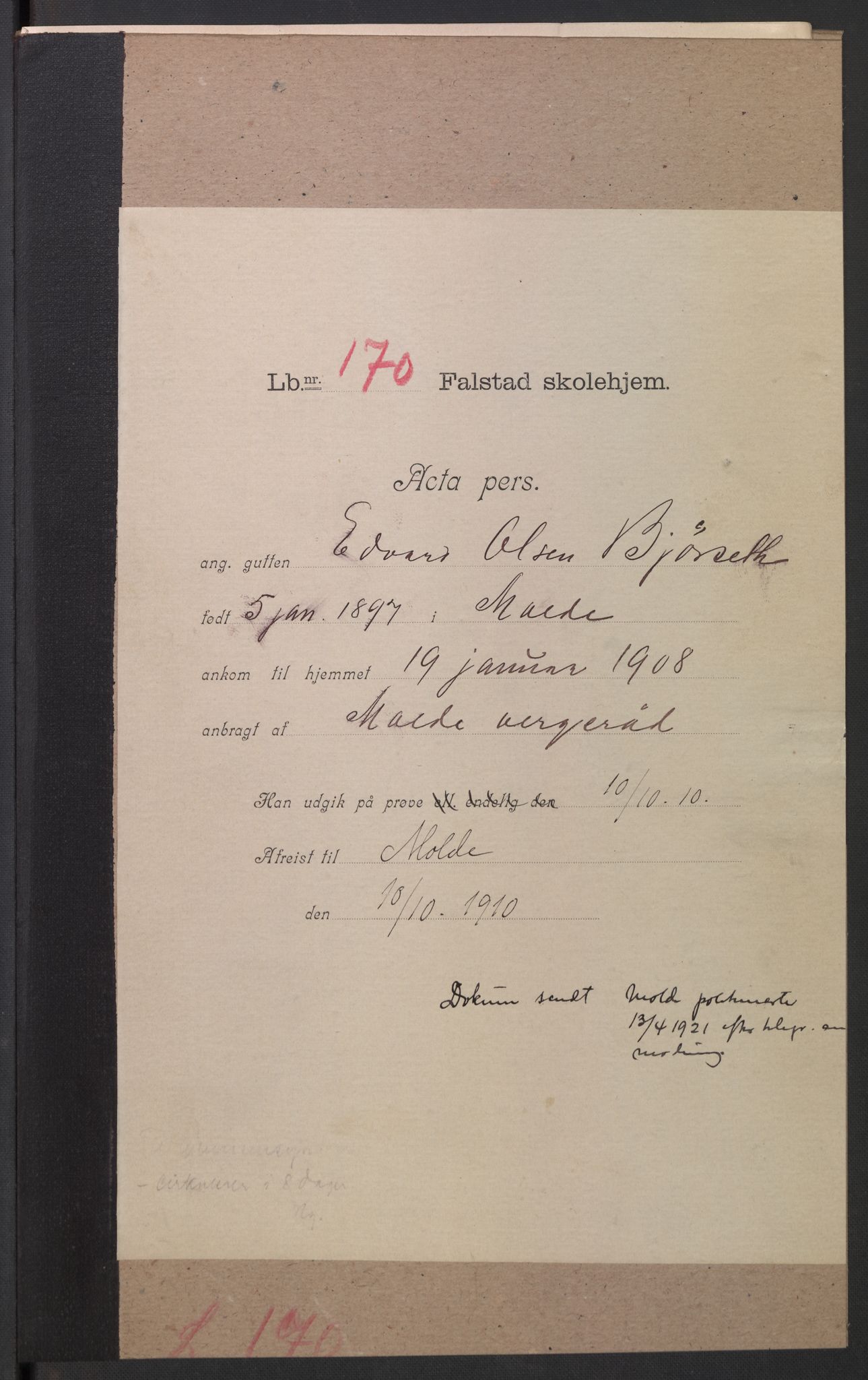 Falstad skolehjem, RA/S-1676/E/Eb/L0008: Elevmapper løpenr. 169-188, 1907-1914, p. 10