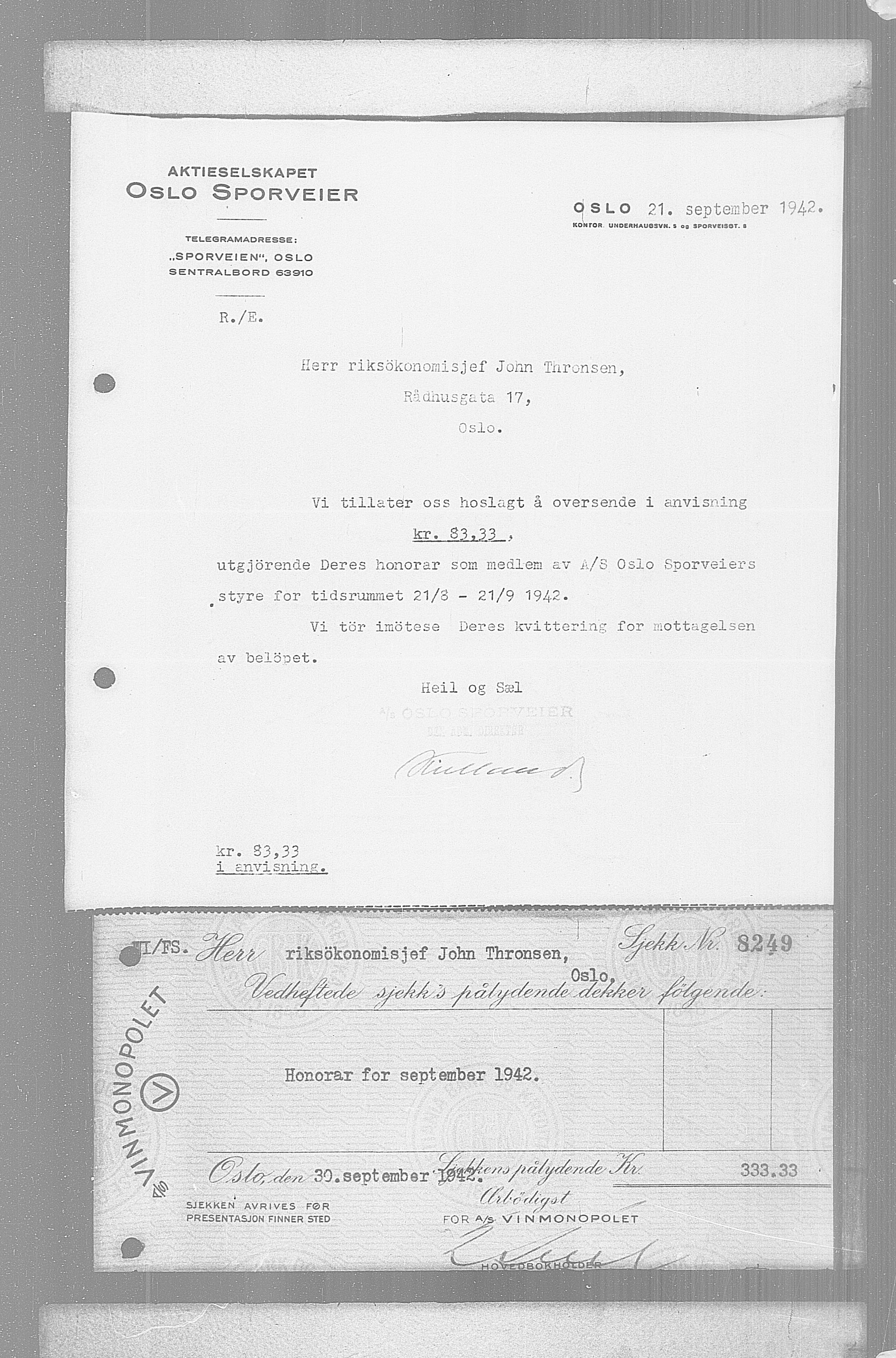 Statspolitiet - Hovedkontoret / Osloavdelingen, AV/RA-S-1329/U/L0004: En rull mikrofilm med dokumenter fra saken(e) om underslag ved Høstbjør hotell og Viktoria restaurant., 1942-1943, p. 1