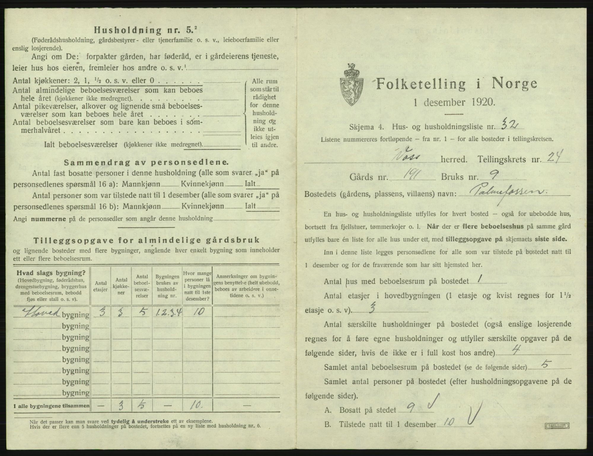 SAB, 1920 census for Voss, 1920, p. 2153