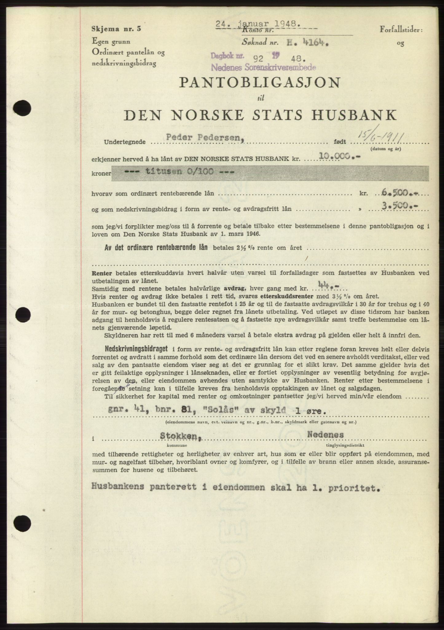 Nedenes sorenskriveri, AV/SAK-1221-0006/G/Gb/Gbb/L0005: Mortgage book no. B5, 1948-1948, Diary no: : 92/1948