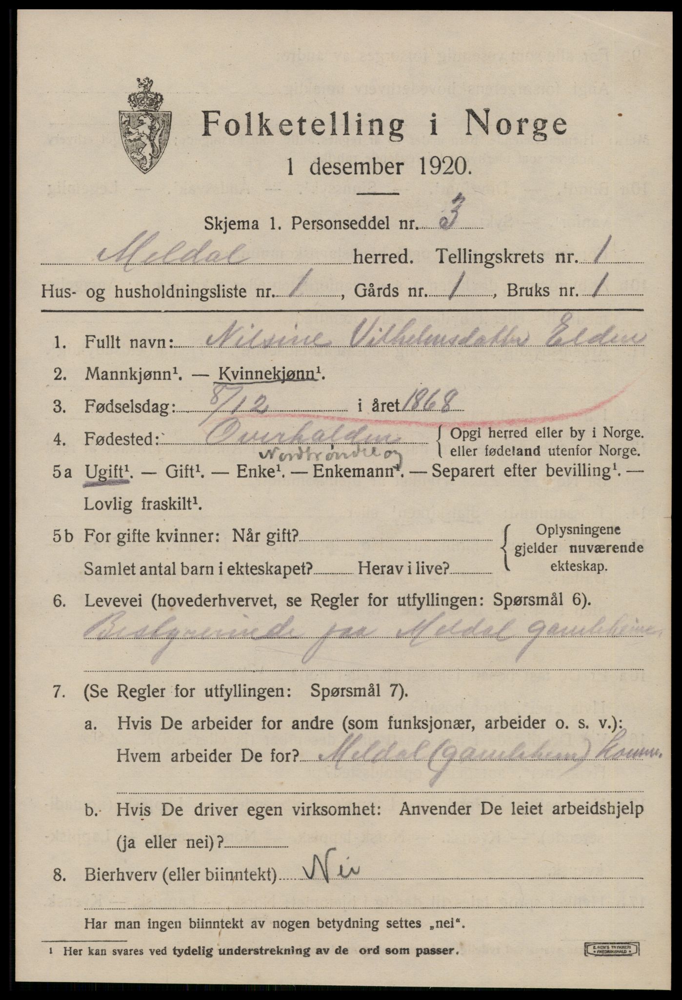 SAT, 1920 census for Meldal, 1920, p. 1807