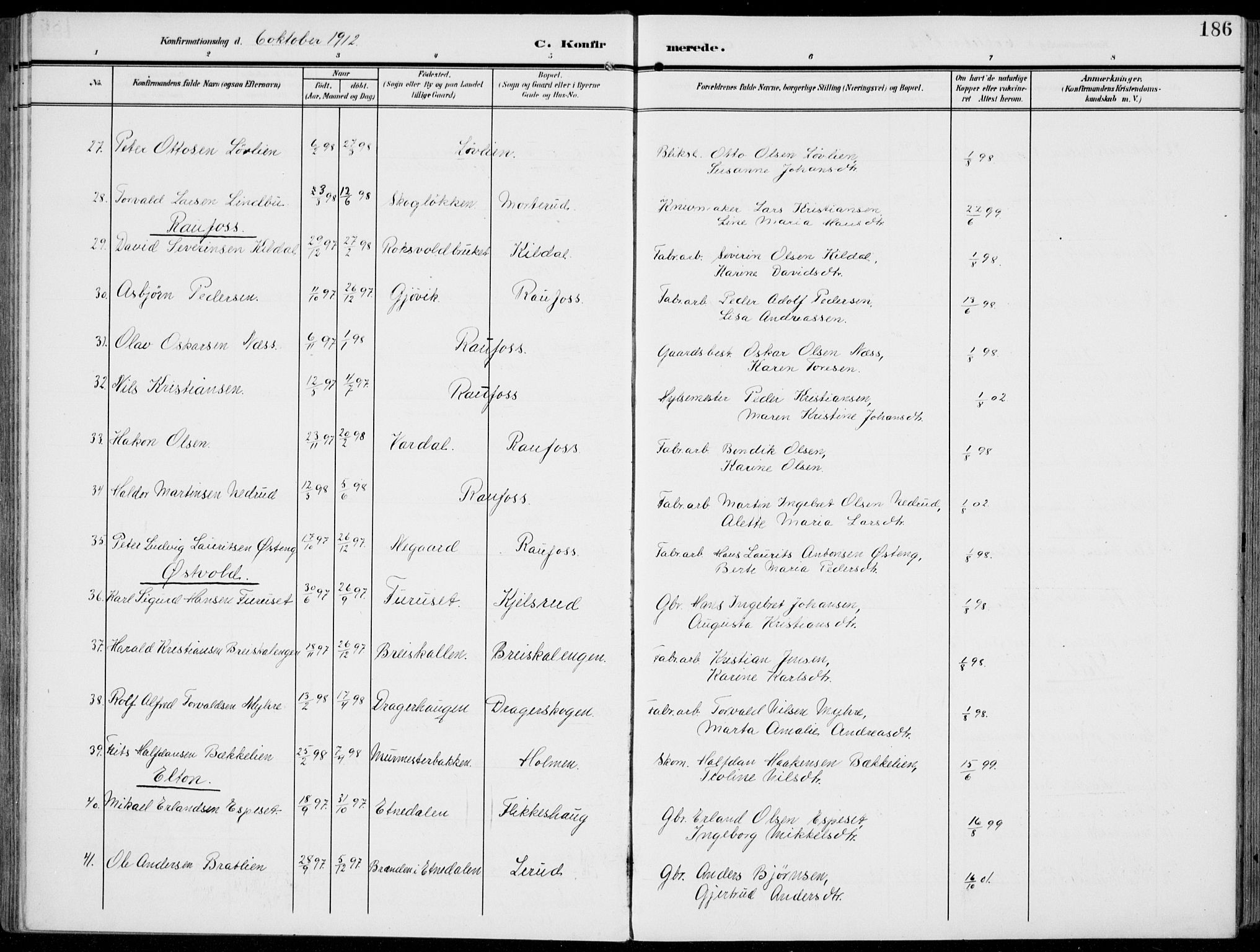 Vestre Toten prestekontor, SAH/PREST-108/H/Ha/Haa/L0014: Parish register (official) no. 14, 1907-1920, p. 186