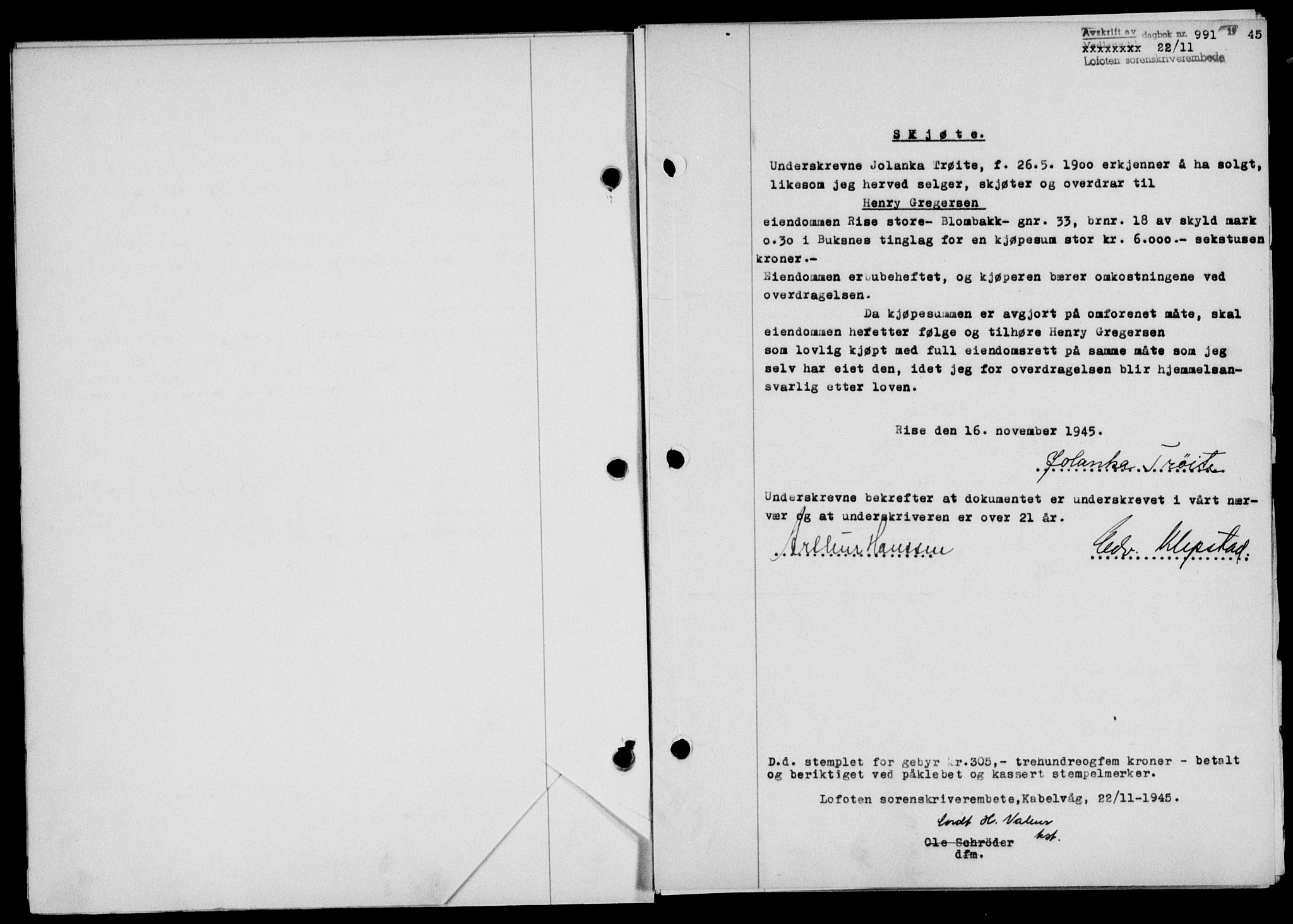 Lofoten sorenskriveri, SAT/A-0017/1/2/2C/L0013a: Mortgage book no. 13a, 1944-1946, Diary no: : 991/1945