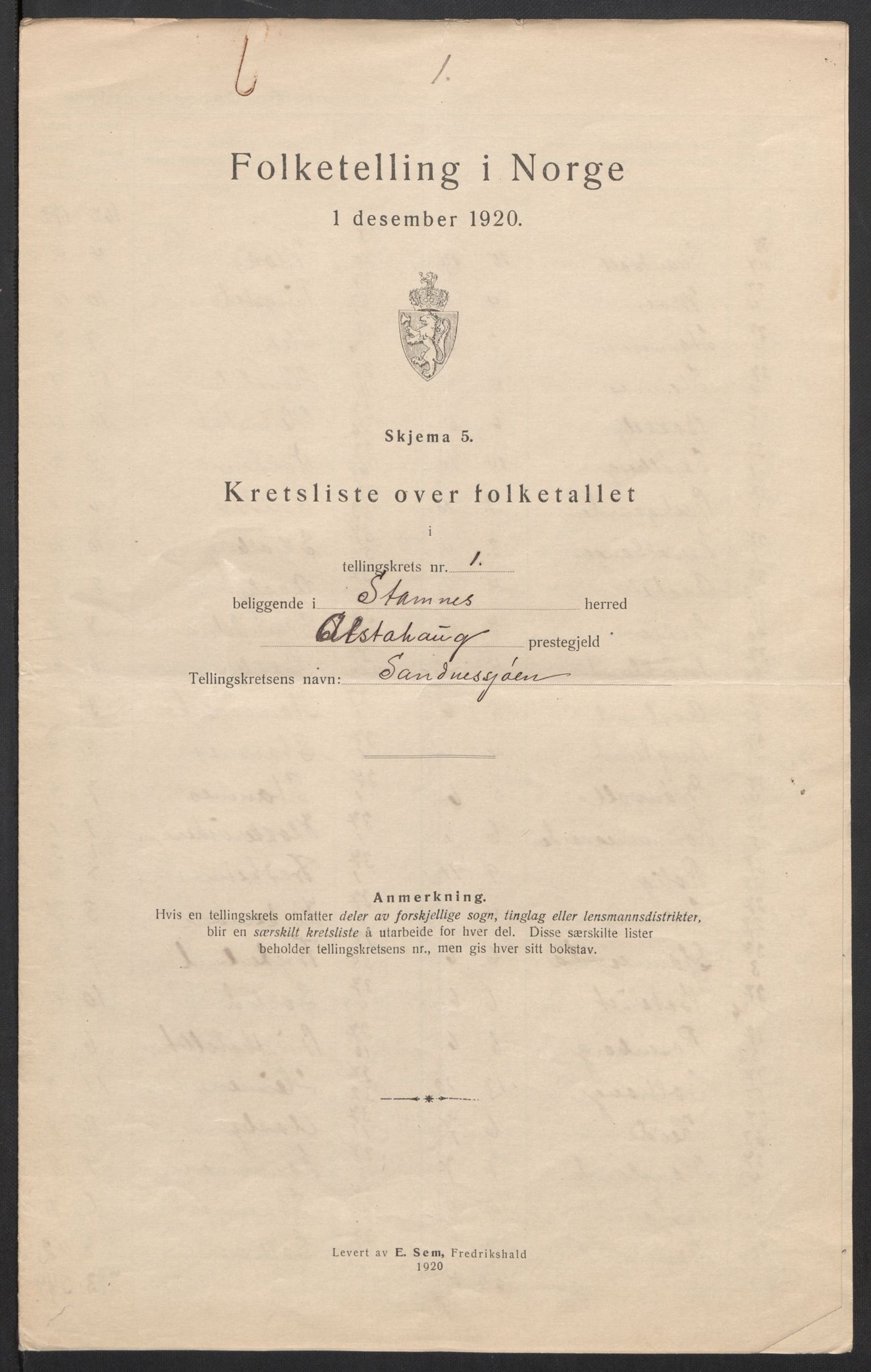 SAT, 1920 census for Stamnes, 1920, p. 6