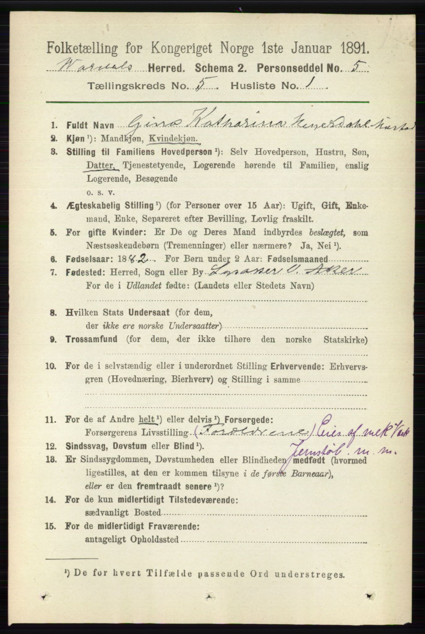 RA, 1891 census for 0527 Vardal, 1891, p. 2163