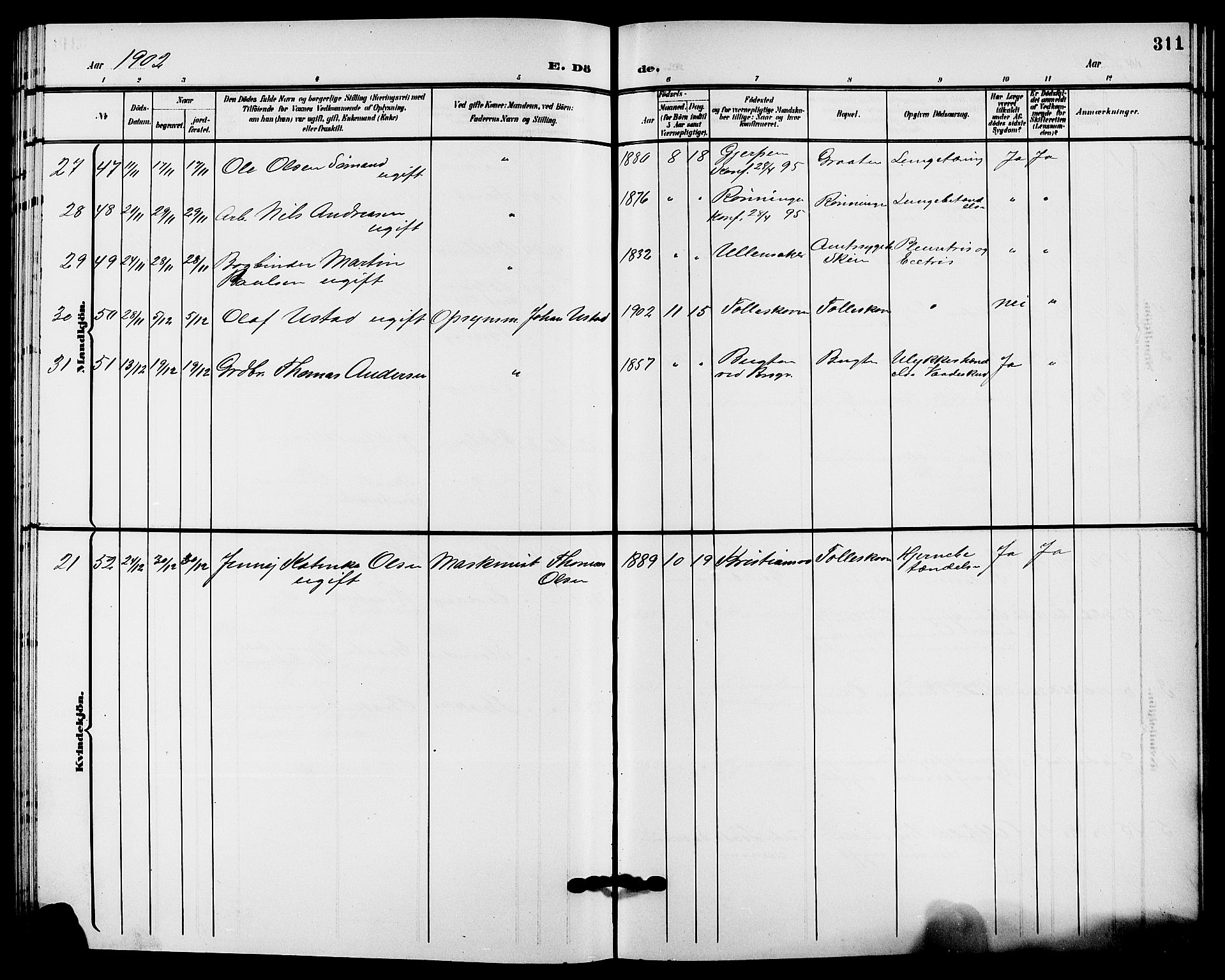 Solum kirkebøker, AV/SAKO-A-306/G/Ga/L0008: Parish register (copy) no. I 8, 1898-1909, p. 311