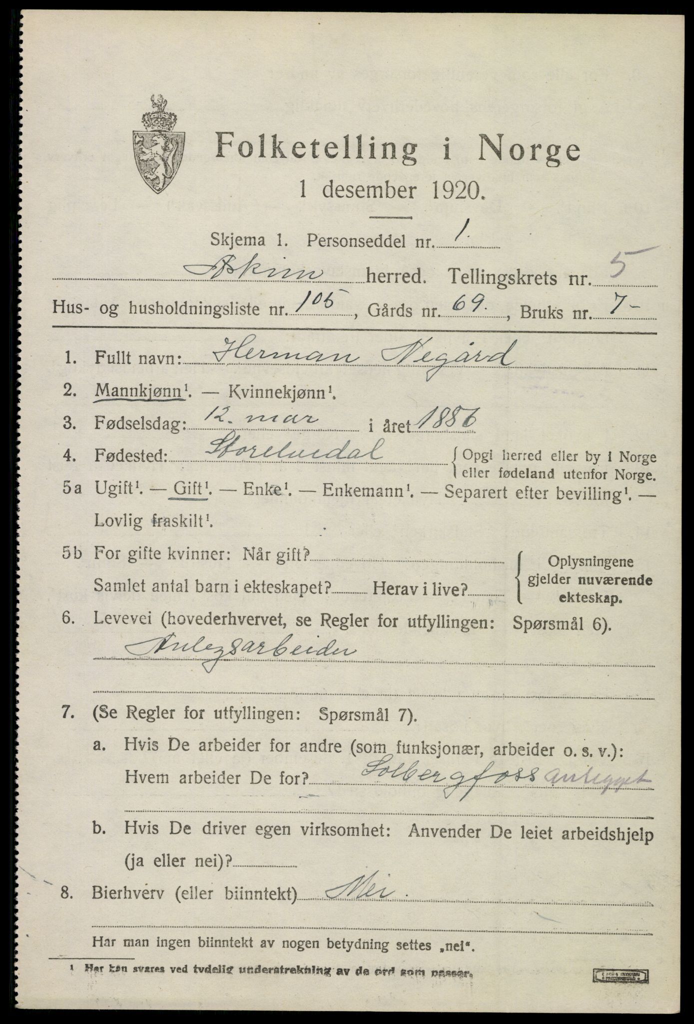 SAO, 1920 census for Askim, 1920, p. 10929