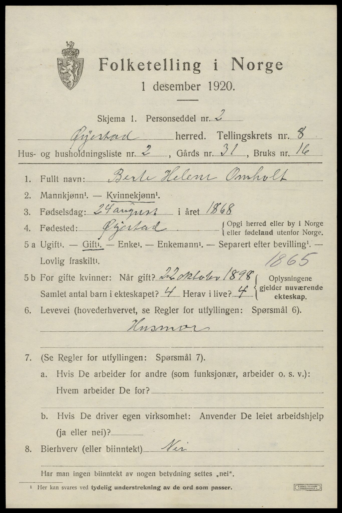 SAK, 1920 census for Øyestad, 1920, p. 5272