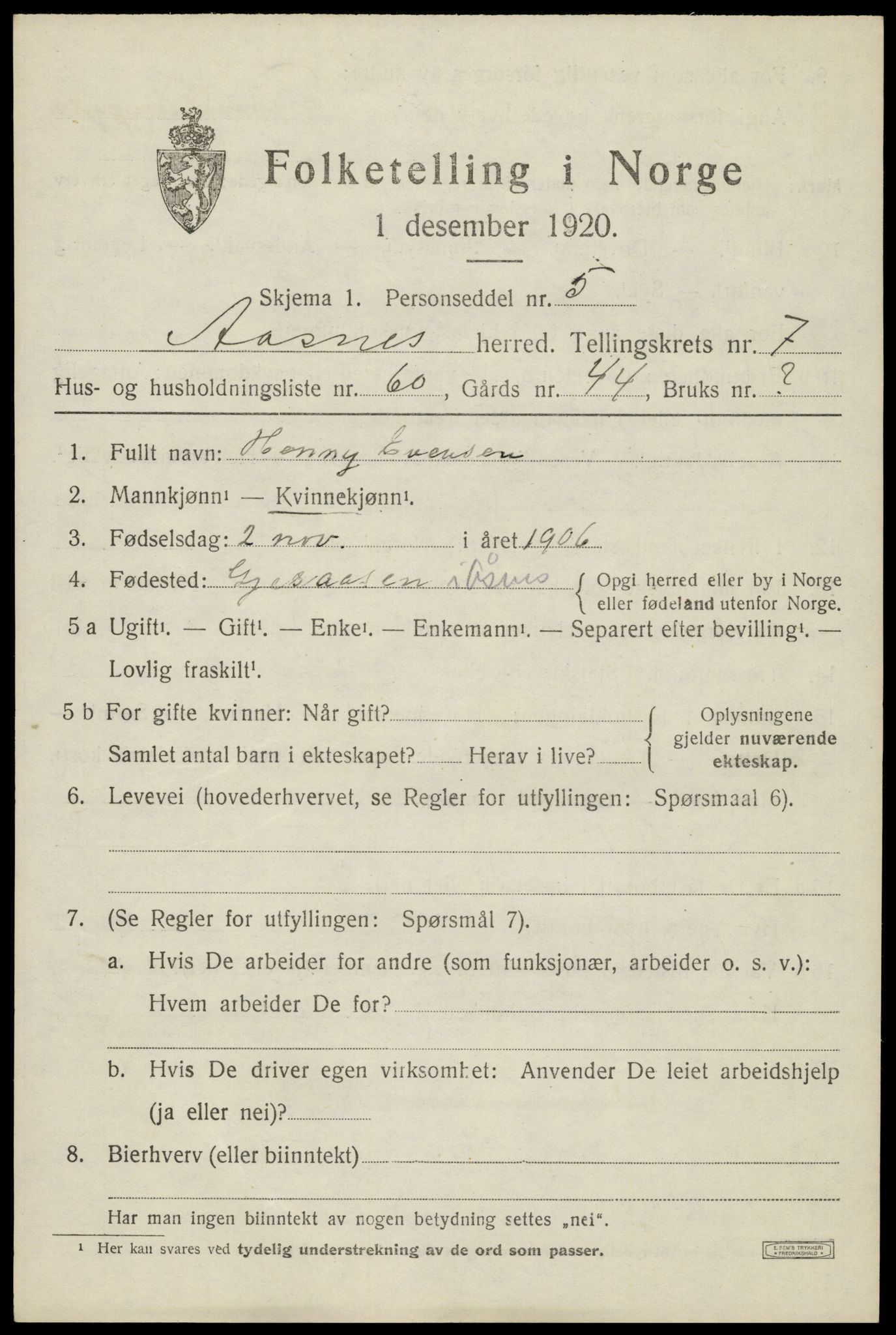 SAH, 1920 census for Åsnes, 1920, p. 9118