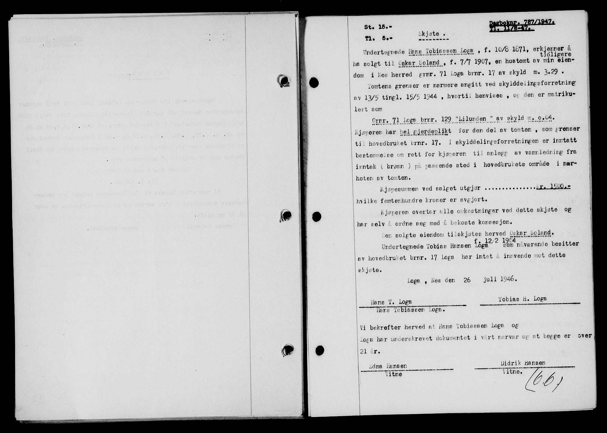 Flekkefjord sorenskriveri, SAK/1221-0001/G/Gb/Gba/L0062: Mortgage book no. A-10, 1947-1947, Diary no: : 787/1947
