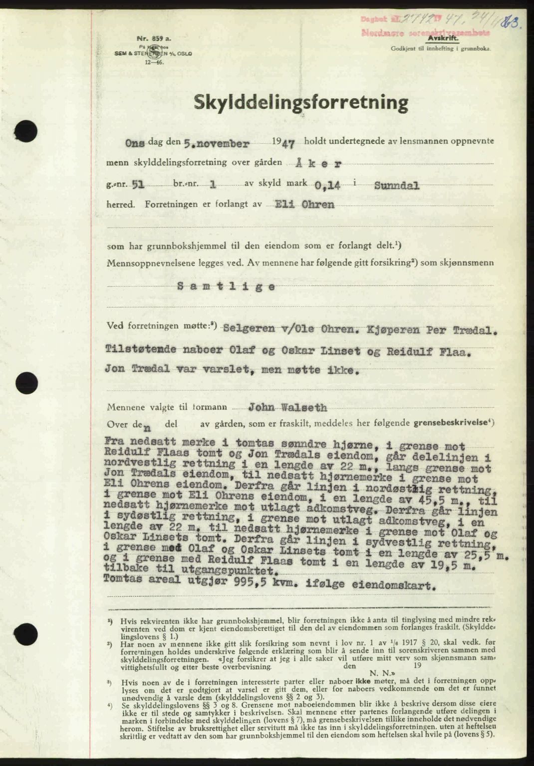 Nordmøre sorenskriveri, AV/SAT-A-4132/1/2/2Ca: Mortgage book no. A106, 1947-1947, Diary no: : 2742/1947