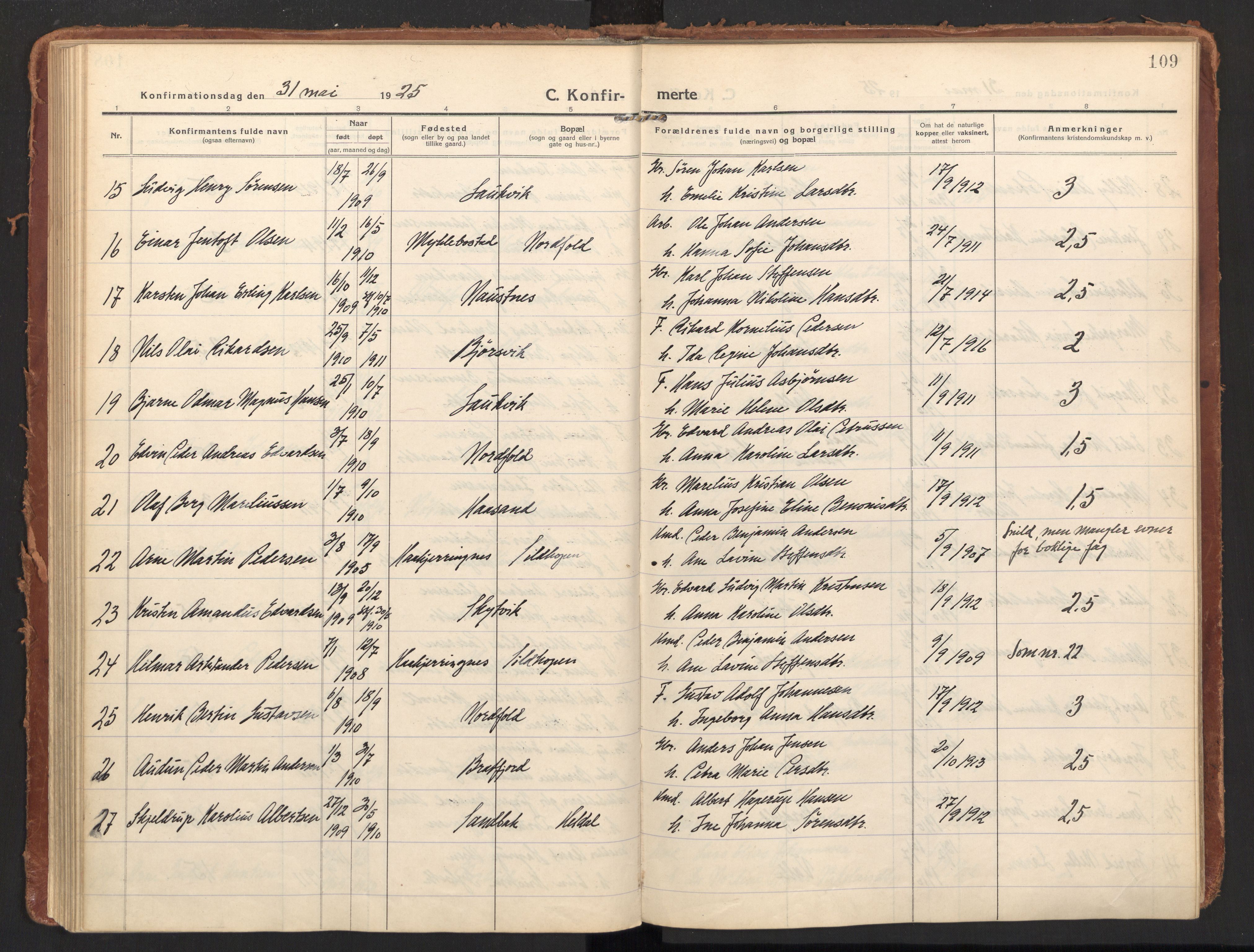 Ministerialprotokoller, klokkerbøker og fødselsregistre - Nordland, AV/SAT-A-1459/858/L0833: Parish register (official) no. 858A03, 1916-1934, p. 109