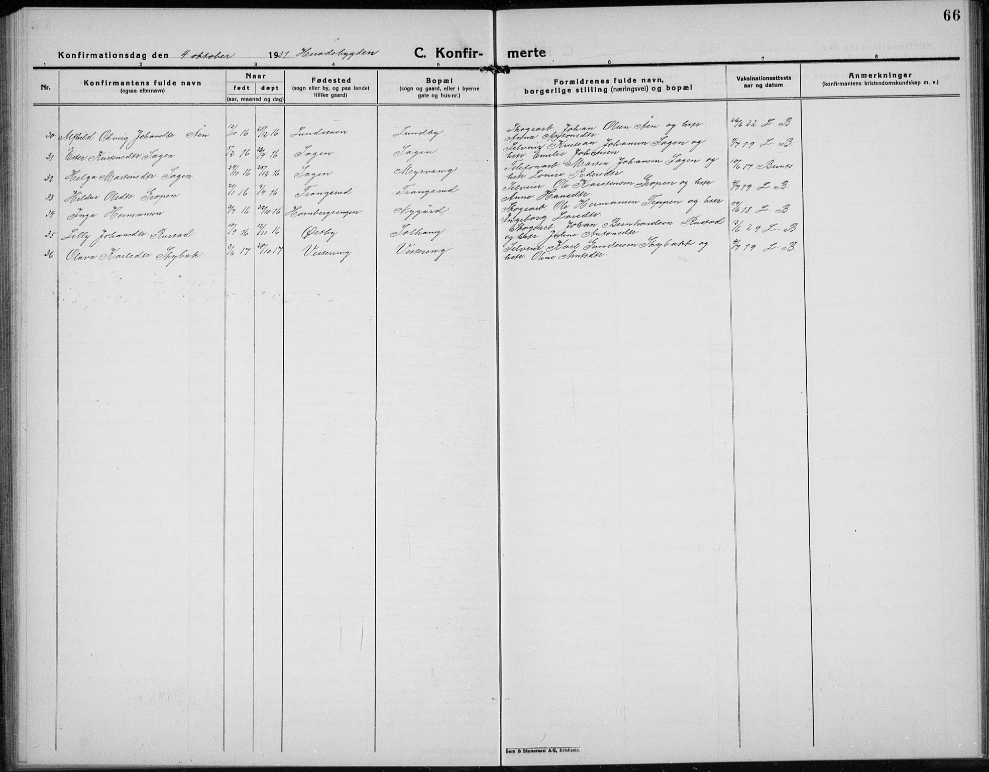 Elverum prestekontor, SAH/PREST-044/H/Ha/Hab/L0032: Parish register (copy) no. 32, 1922-1936, p. 66