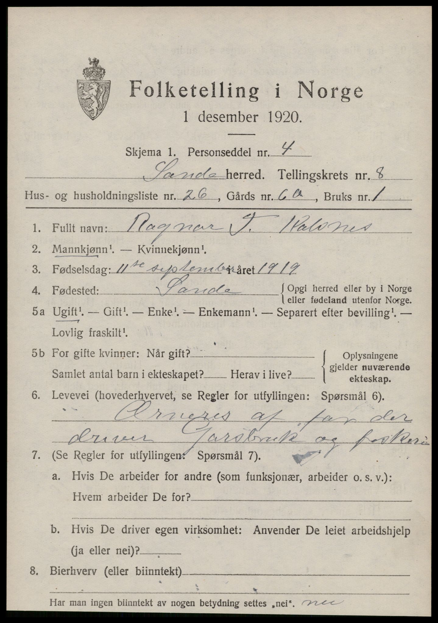 SAT, 1920 census for Sande (MR), 1920, p. 5088