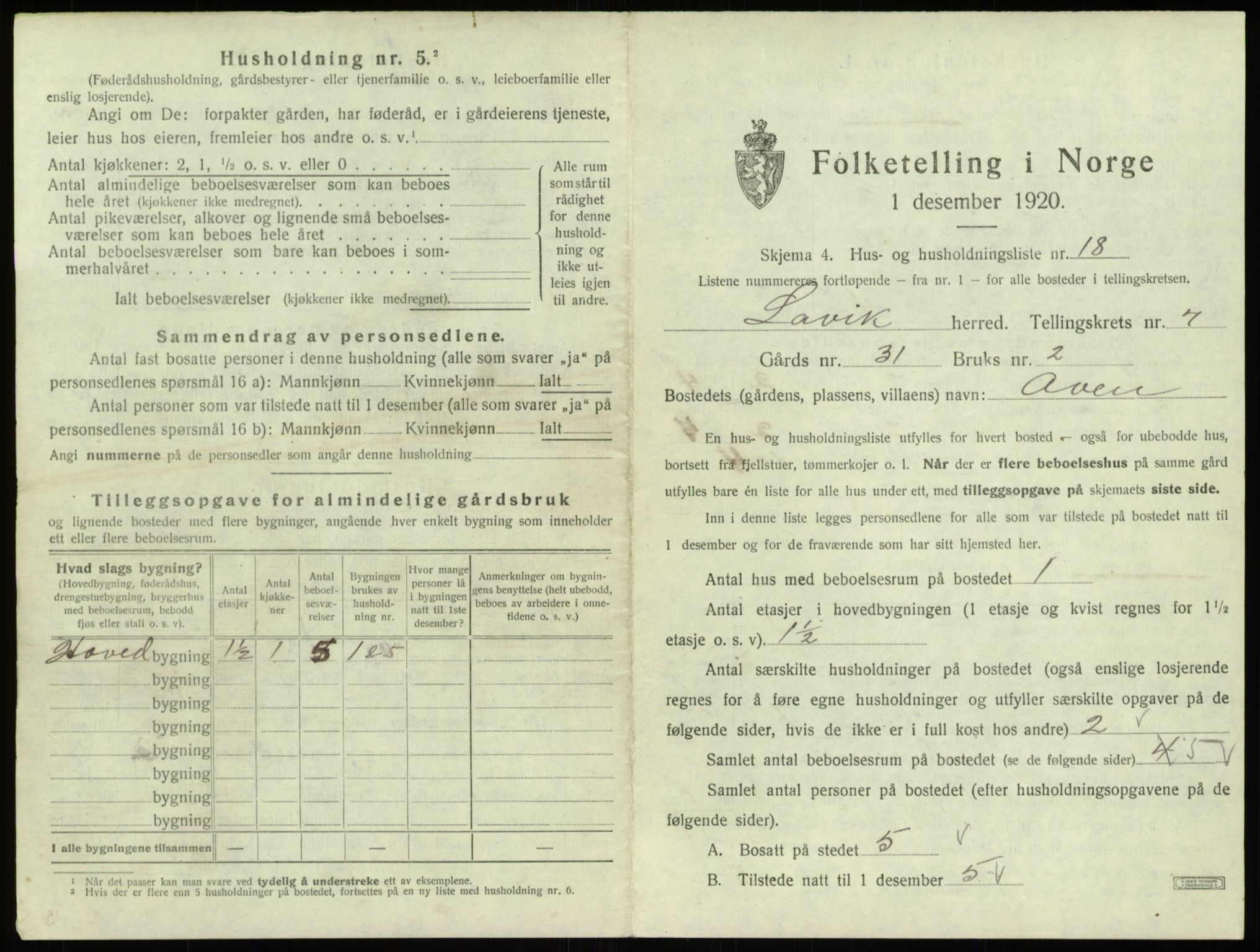 SAB, 1920 census for Lavik, 1920, p. 261