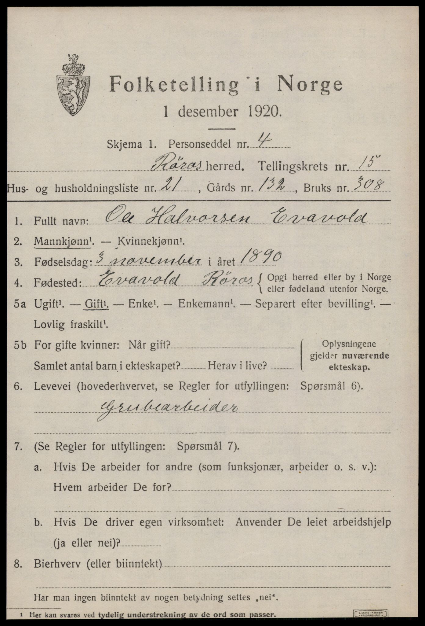 SAT, 1920 census for Røros, 1920, p. 10604