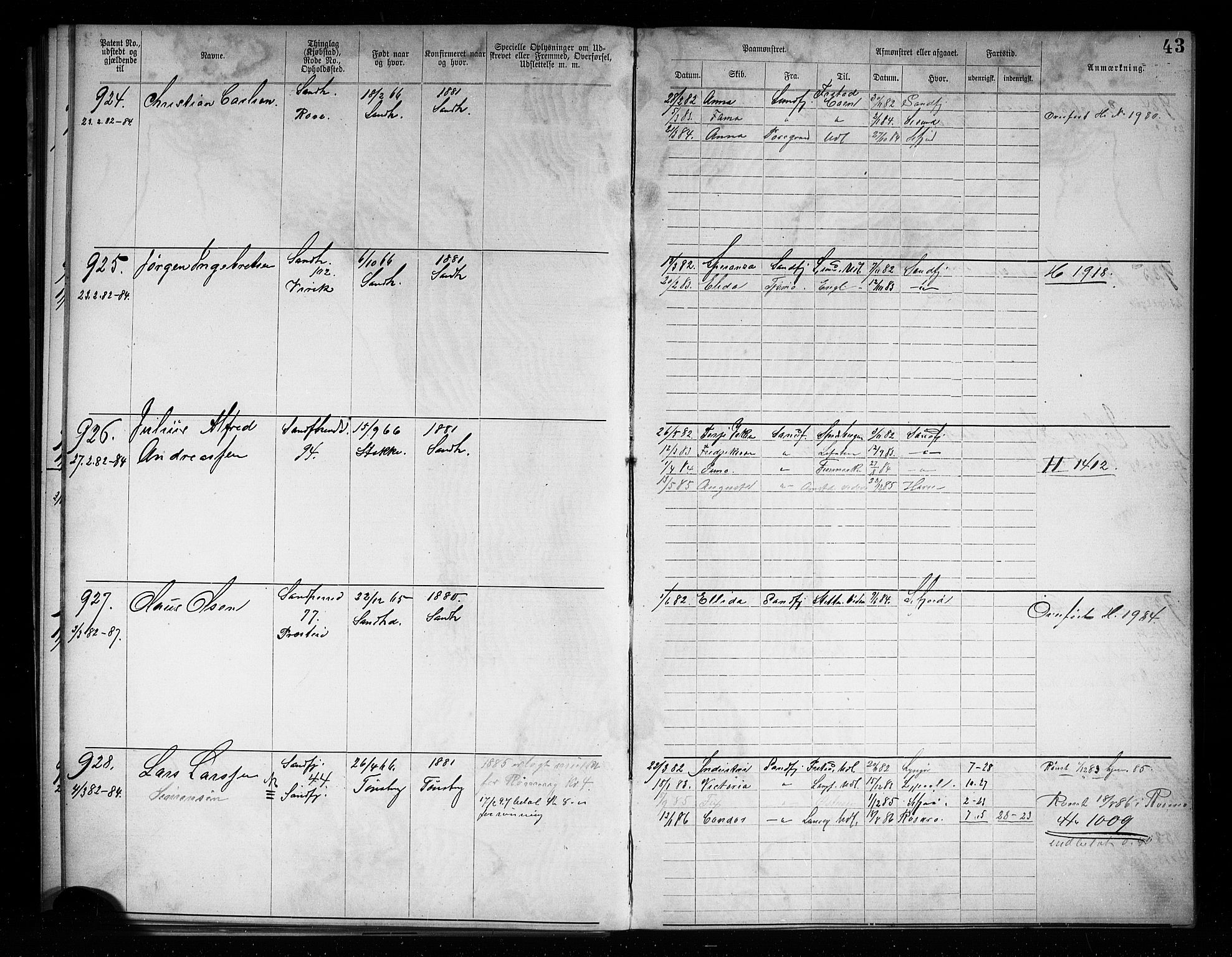 Sandefjord innrulleringskontor, AV/SAKO-A-788/F/Fa/L0004: Annotasjonsrulle, 1879-1889, p. 45