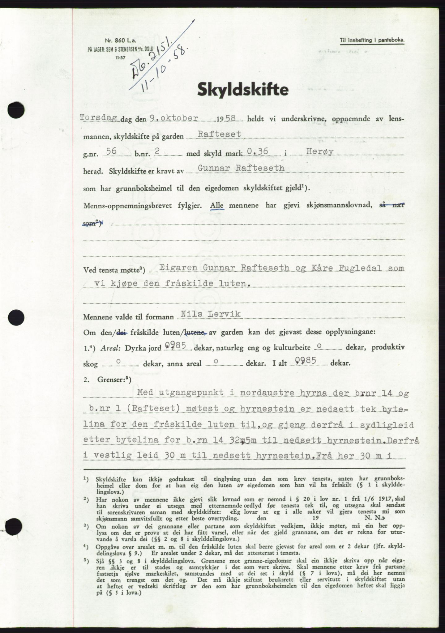 Søre Sunnmøre sorenskriveri, AV/SAT-A-4122/1/2/2C/L0110: Mortgage book no. 36A, 1958-1958, Diary no: : 2151/1958