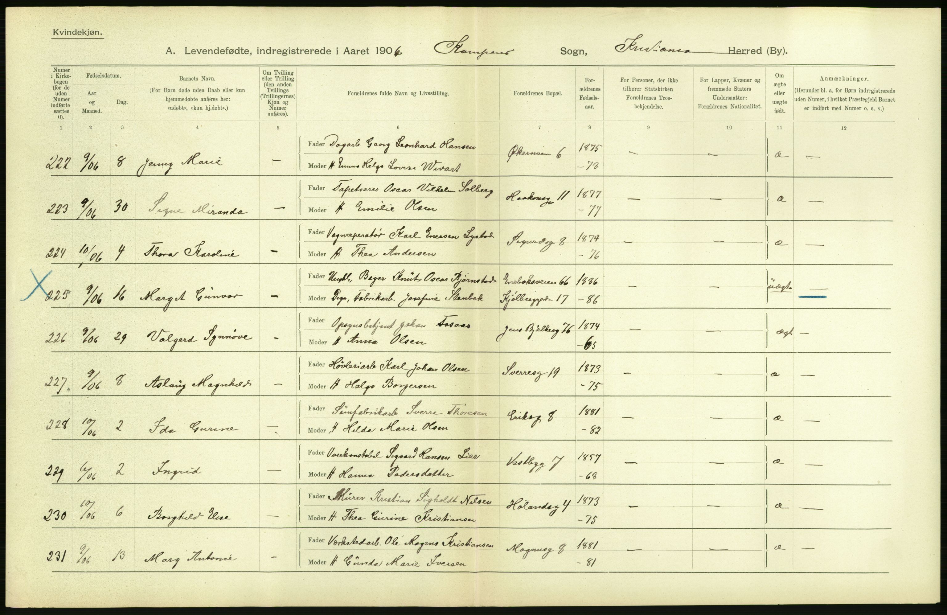 Statistisk sentralbyrå, Sosiodemografiske emner, Befolkning, AV/RA-S-2228/D/Df/Dfa/Dfad/L0007: Kristiania: Levendefødte menn og kvinner., 1906, p. 764