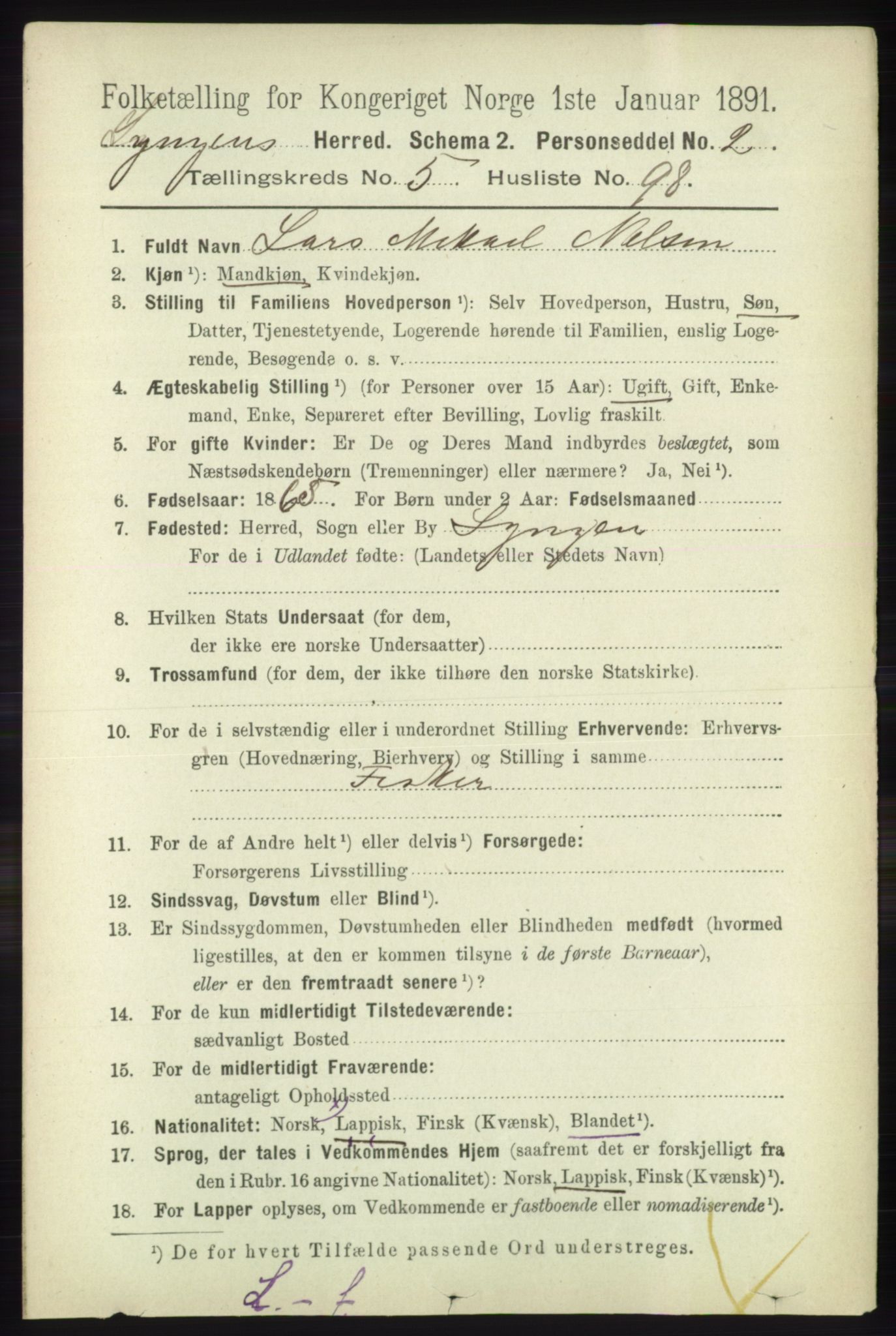 RA, 1891 census for 1938 Lyngen, 1891, p. 5071