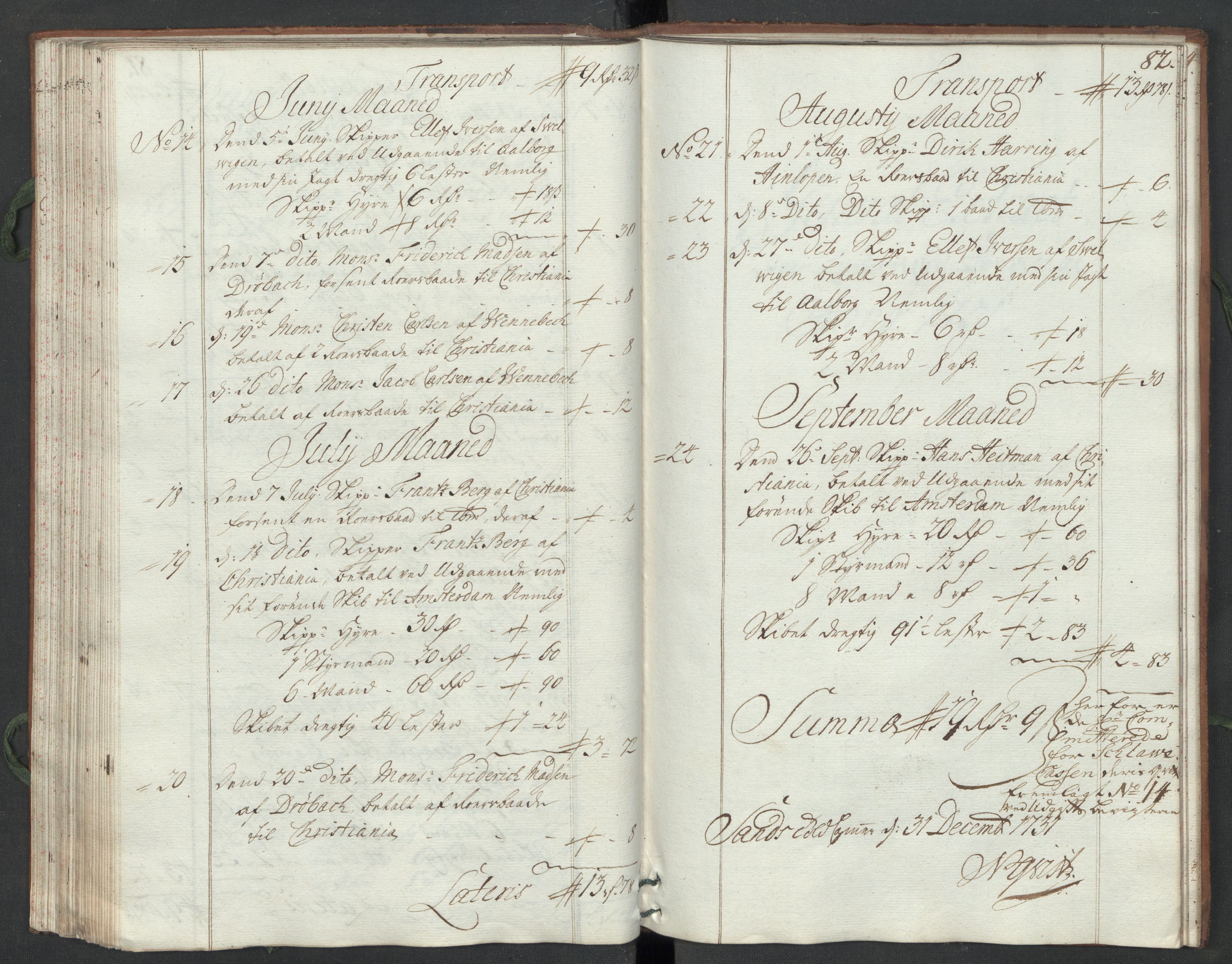Generaltollkammeret, tollregnskaper, AV/RA-EA-5490/R07/L0009/0001: Tollregnskaper Sand / Hovedtollbok, 1731, p. 81b-82a
