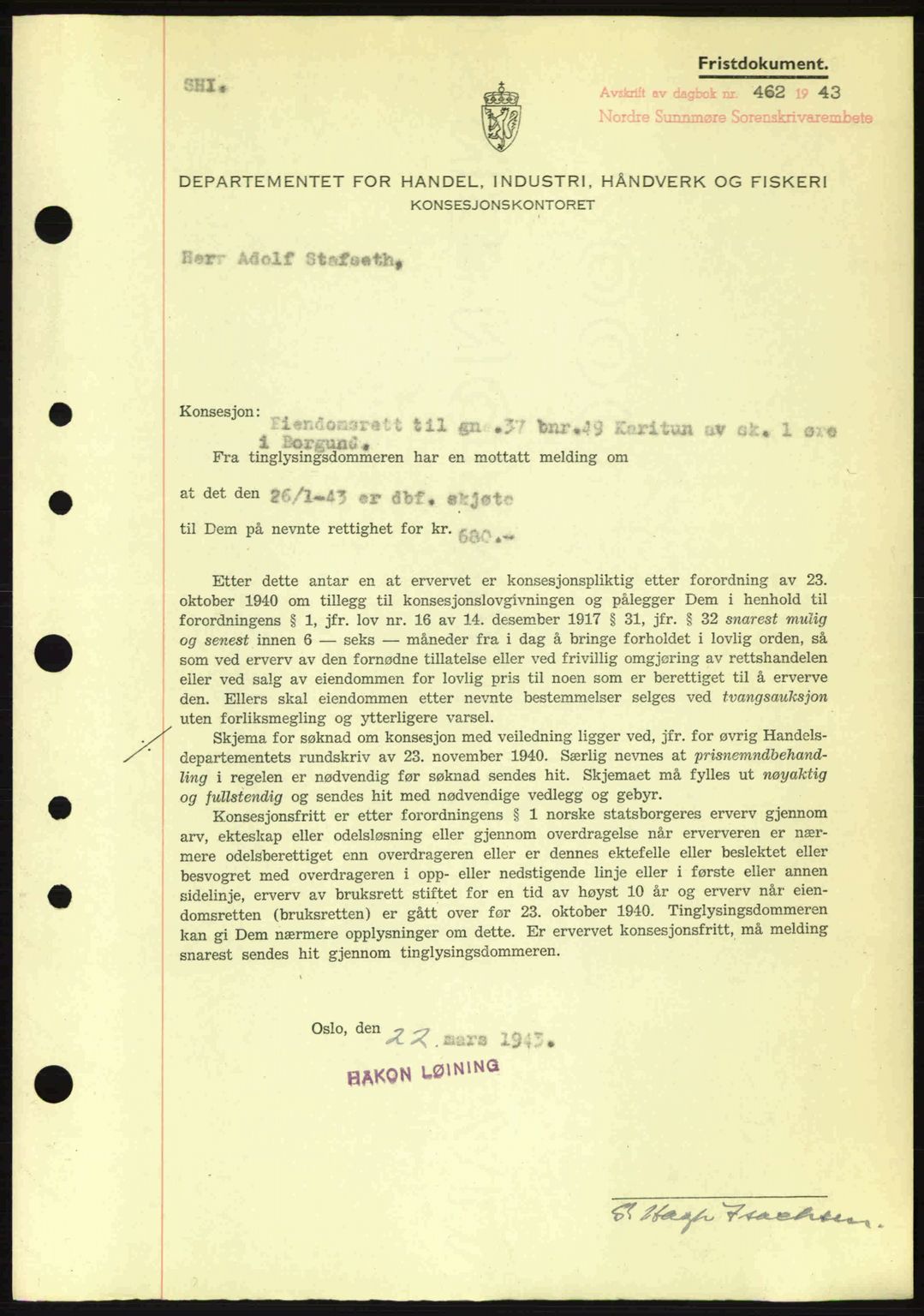 Nordre Sunnmøre sorenskriveri, SAT/A-0006/1/2/2C/2Ca: Mortgage book no. B6-14 a, 1942-1945, Diary no: : 462/1943