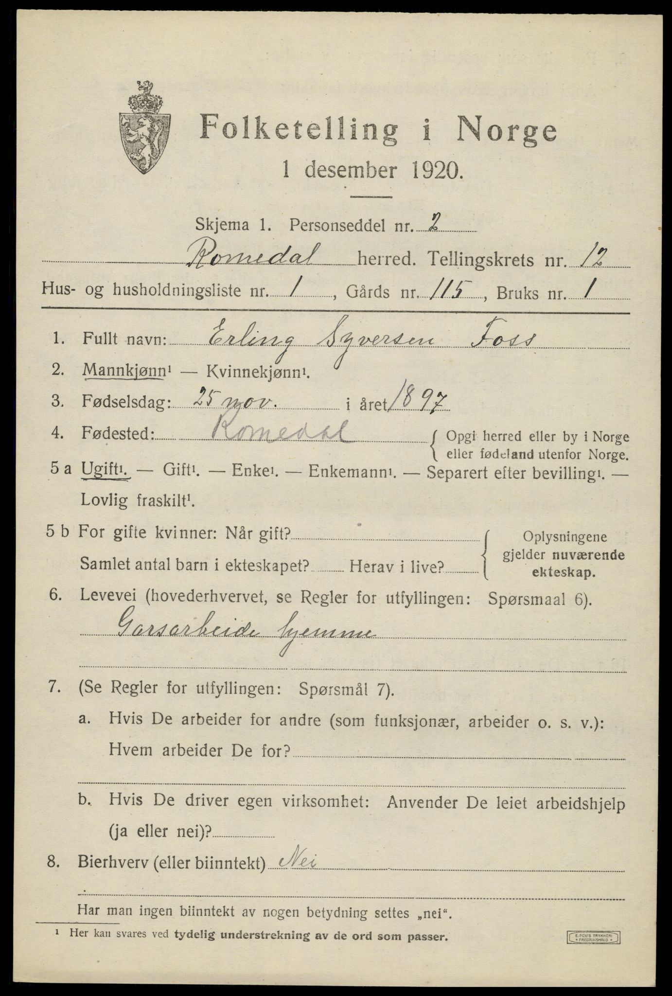 SAH, 1920 census for Romedal, 1920, p. 12597