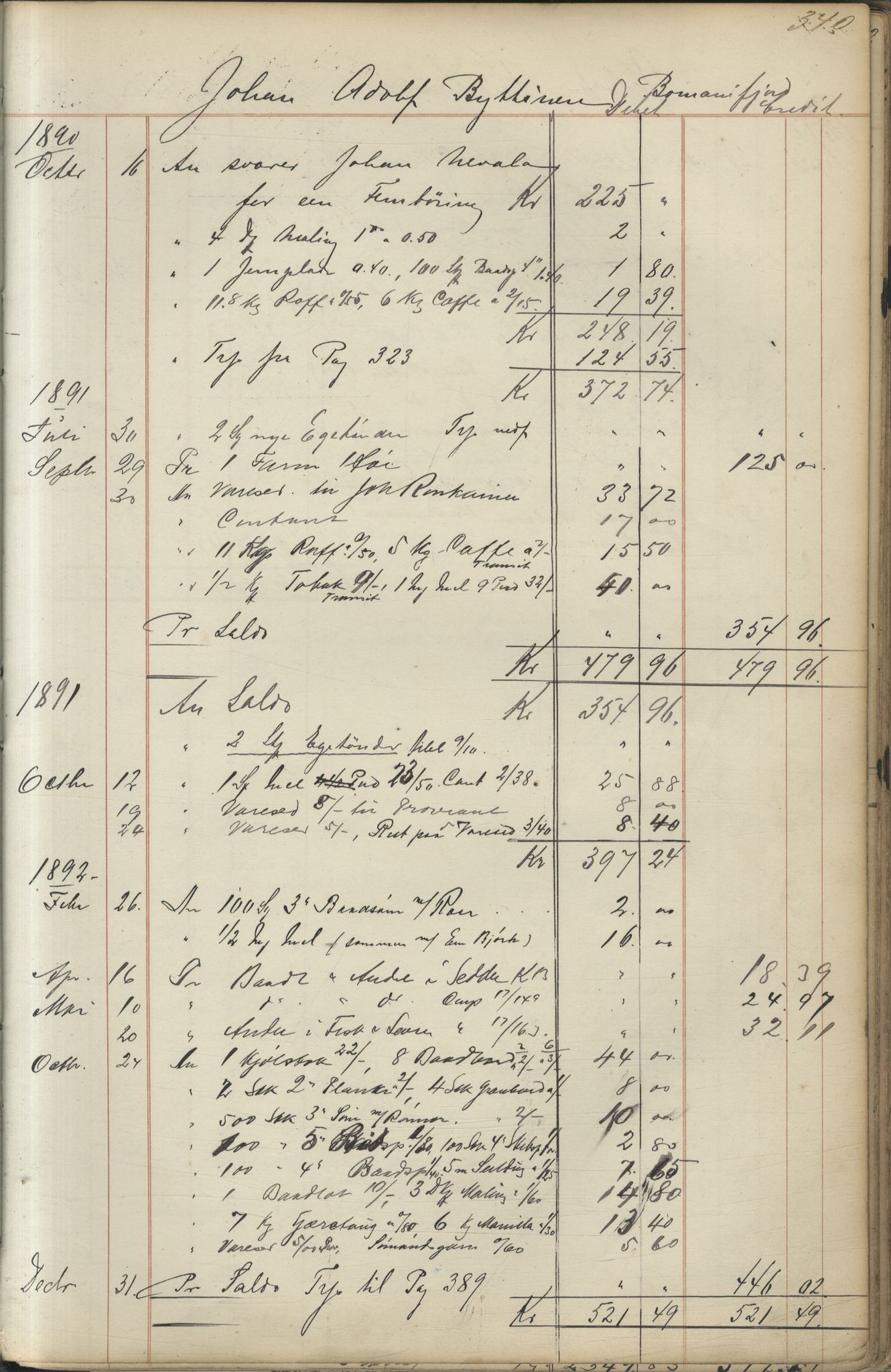 Brodtkorb handel A/S, VAMU/A-0001/F/Fc/L0001/0001: Konto for kvener og nordmenn på Kolahalvøya  / Conto for Kvæner og Nordmænd paa Russefinmarken No 1, 1868-1894, p. 340