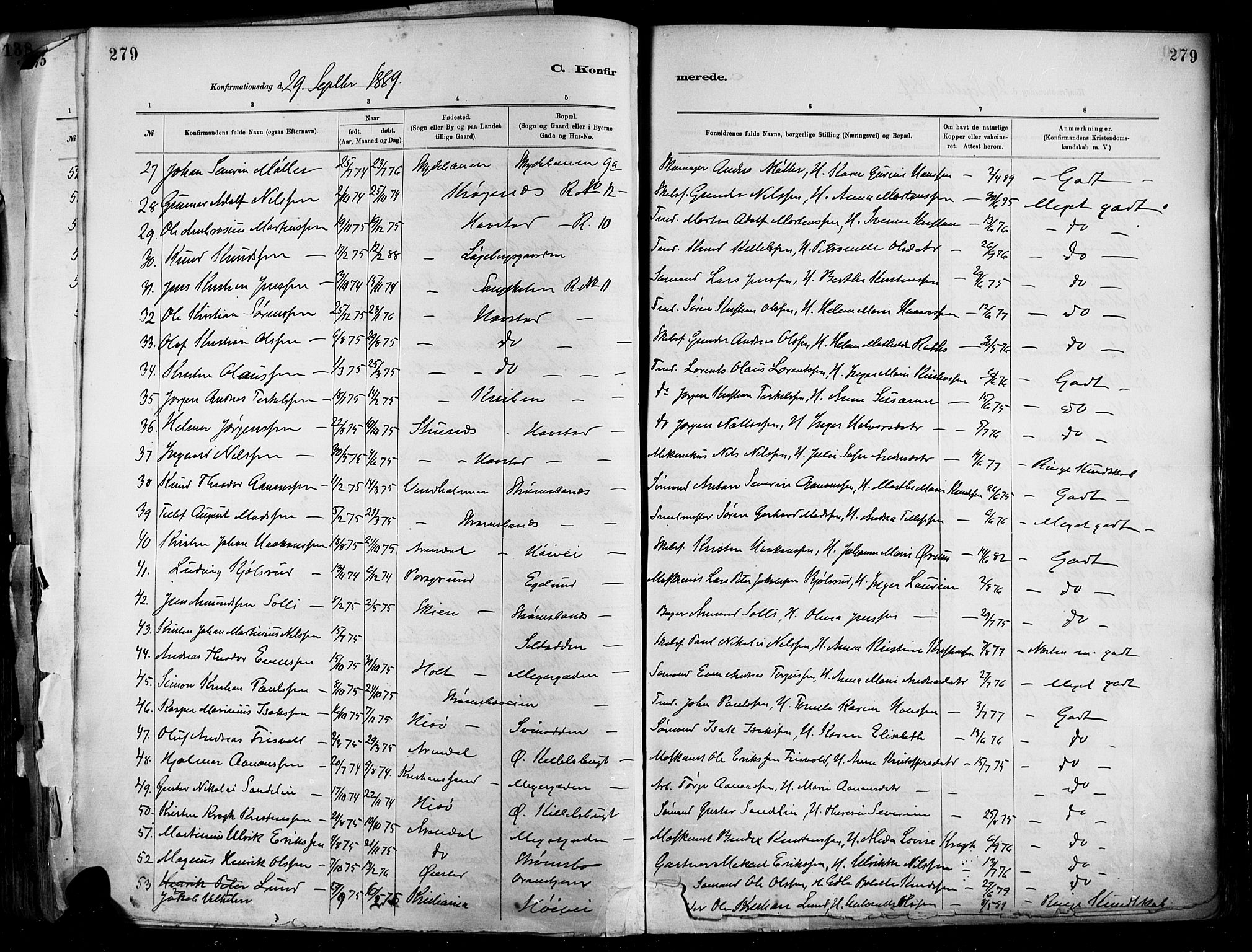 Barbu sokneprestkontor, SAK/1111-0003/F/Fa/L0002: Parish register (official) no. A 2, 1883-1898, p. 279