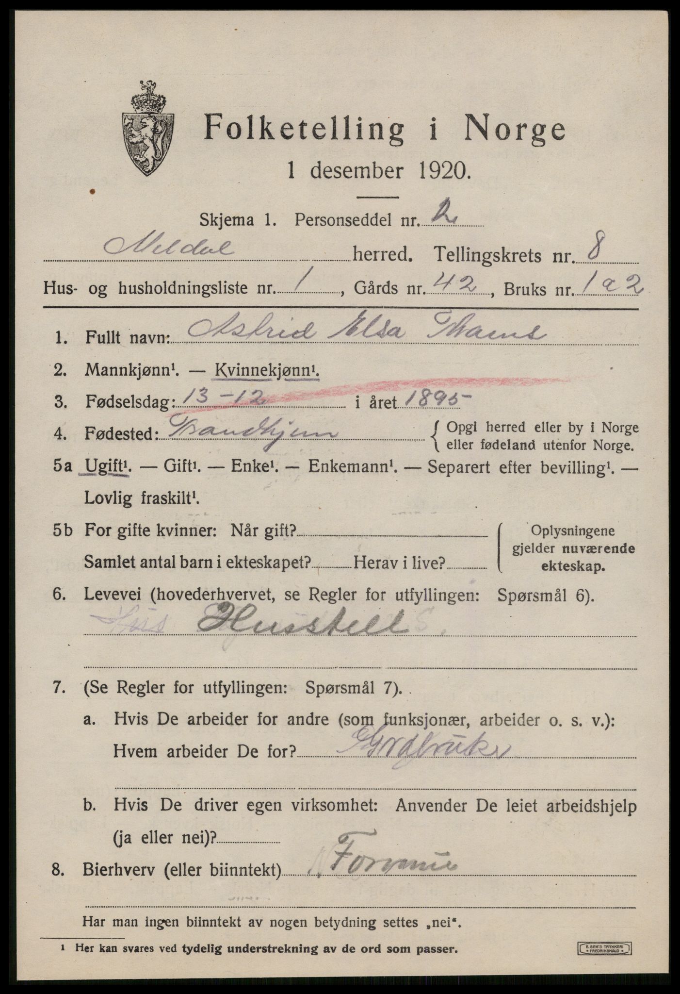 SAT, 1920 census for Meldal, 1920, p. 7405