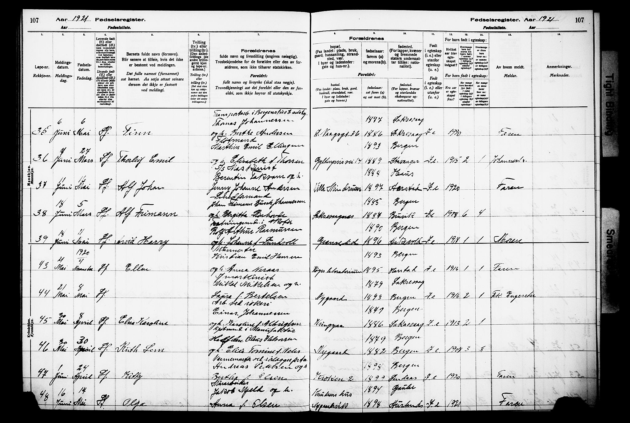 Laksevåg Sokneprestembete, AV/SAB-A-76501/I/Id/L00A1: Birth register no. A 1, 1916-1926, p. 107