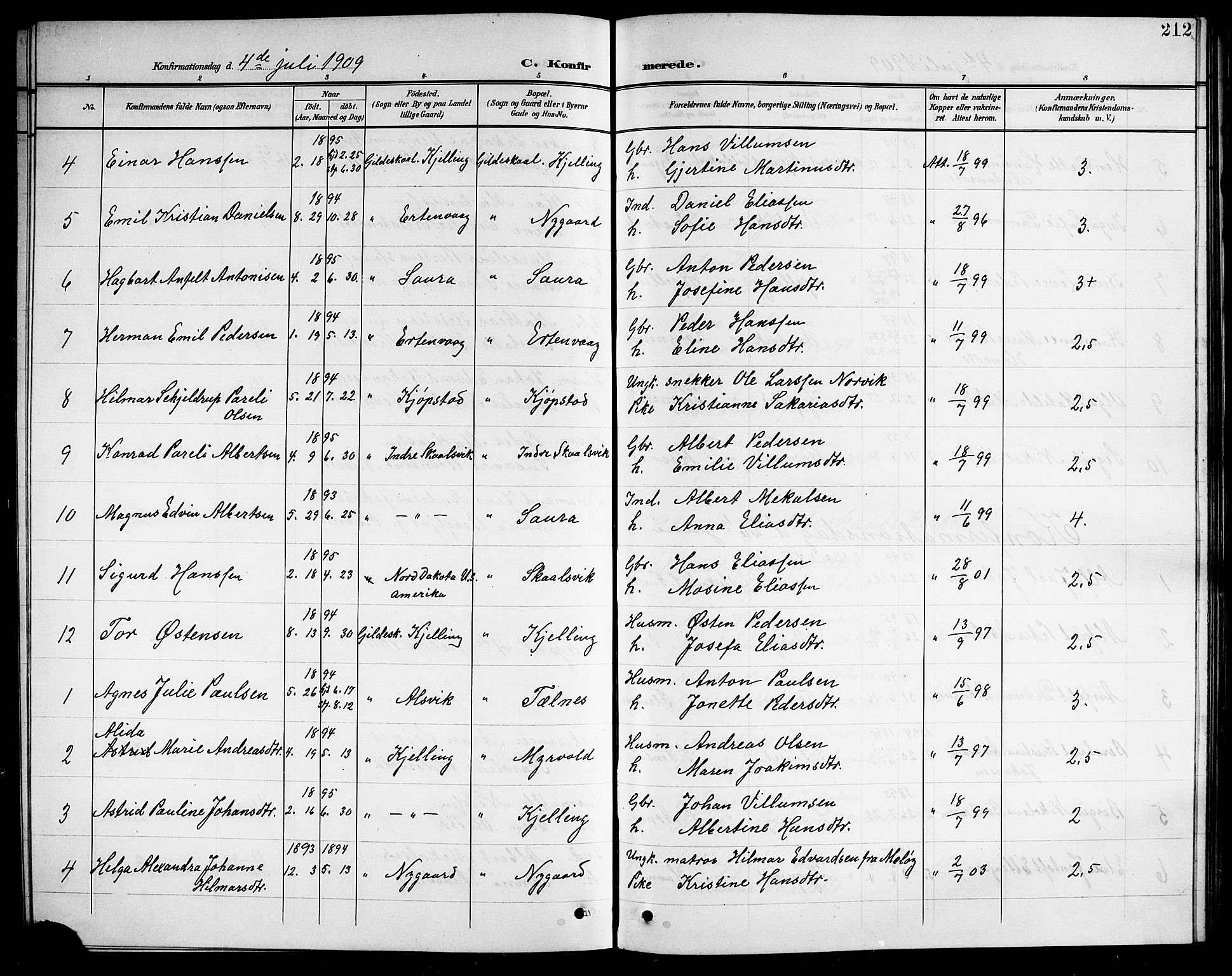 Ministerialprotokoller, klokkerbøker og fødselsregistre - Nordland, AV/SAT-A-1459/805/L0109: Parish register (copy) no. 805C05, 1900-1911, p. 212