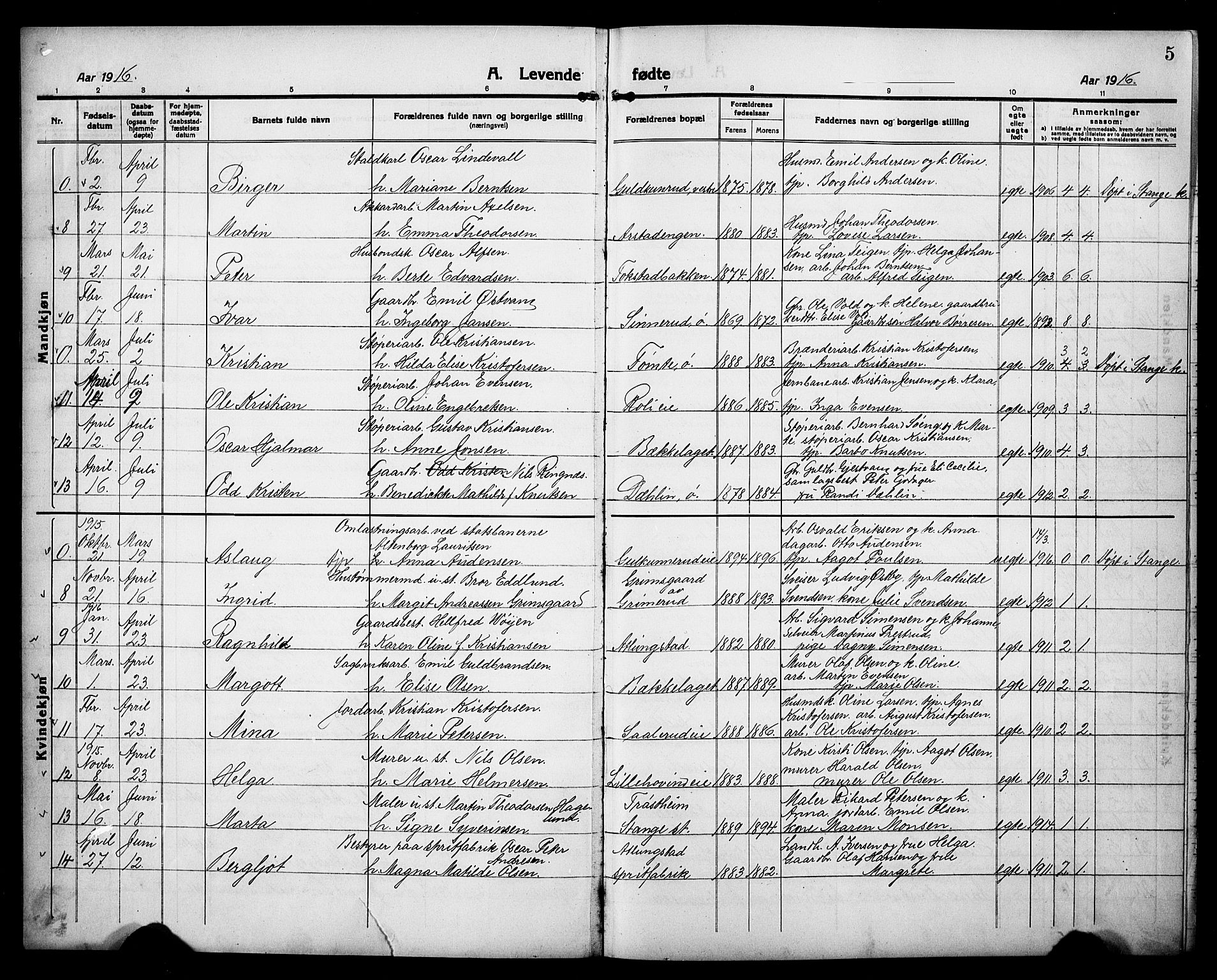 Stange prestekontor, AV/SAH-PREST-002/L/L0015: Parish register (copy) no. 15, 1916-1928, p. 5