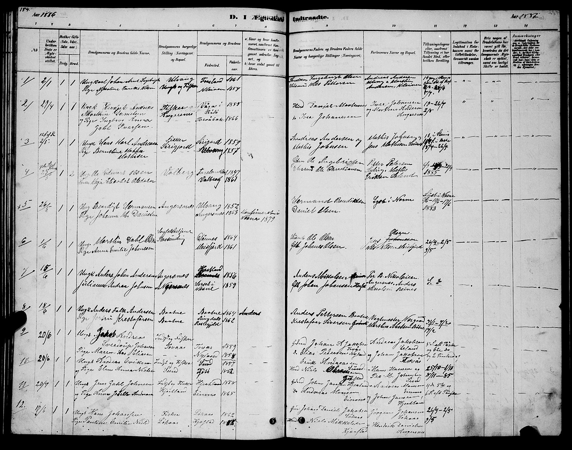 Ministerialprotokoller, klokkerbøker og fødselsregistre - Nordland, SAT/A-1459/831/L0477: Parish register (copy) no. 831C04, 1878-1897, p. 154