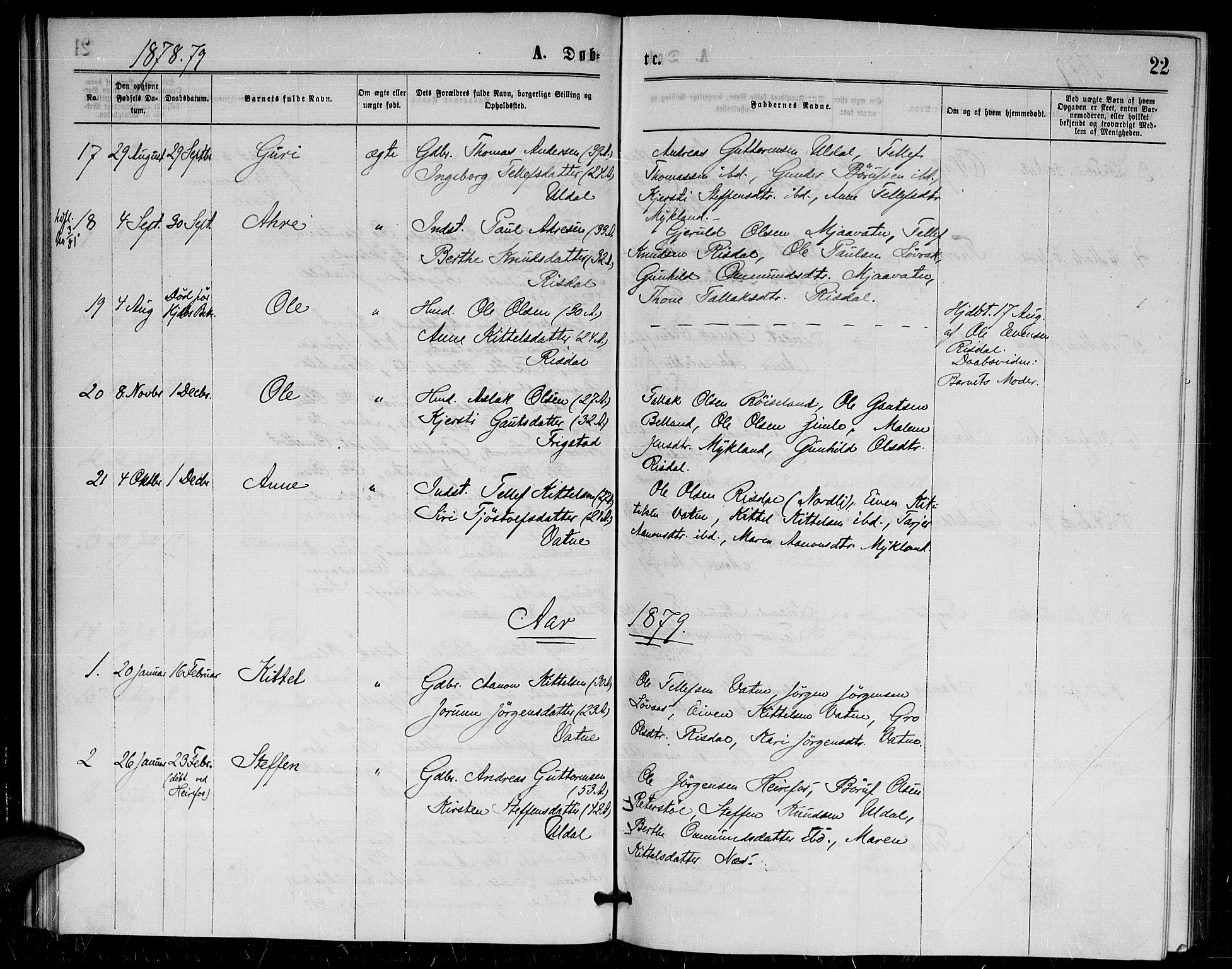 Herefoss sokneprestkontor, SAK/1111-0019/F/Fa/Fac/L0001: Parish register (official) no. A 1, 1871-1886, p. 22