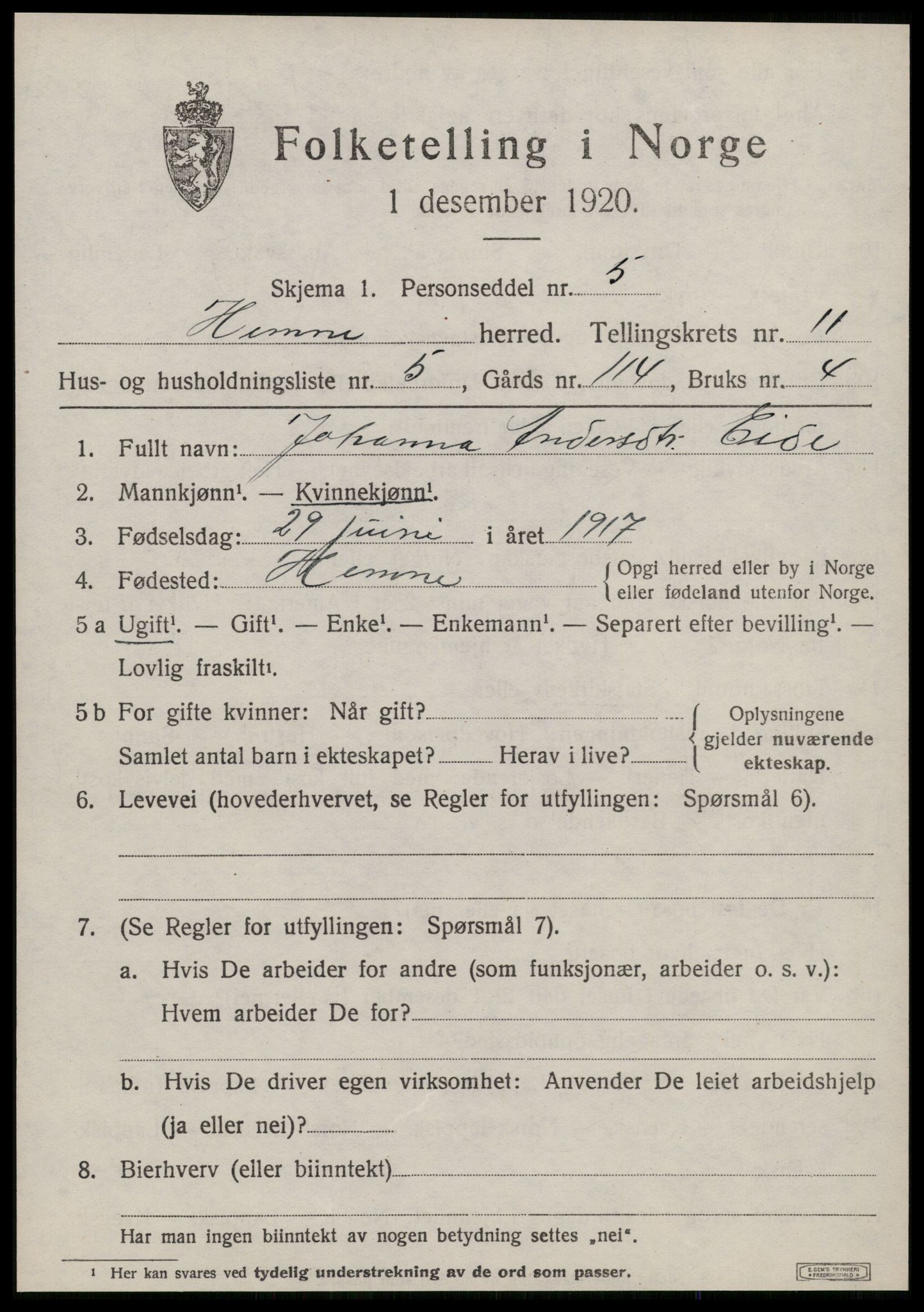 SAT, 1920 census for Hemne, 1920, p. 6562