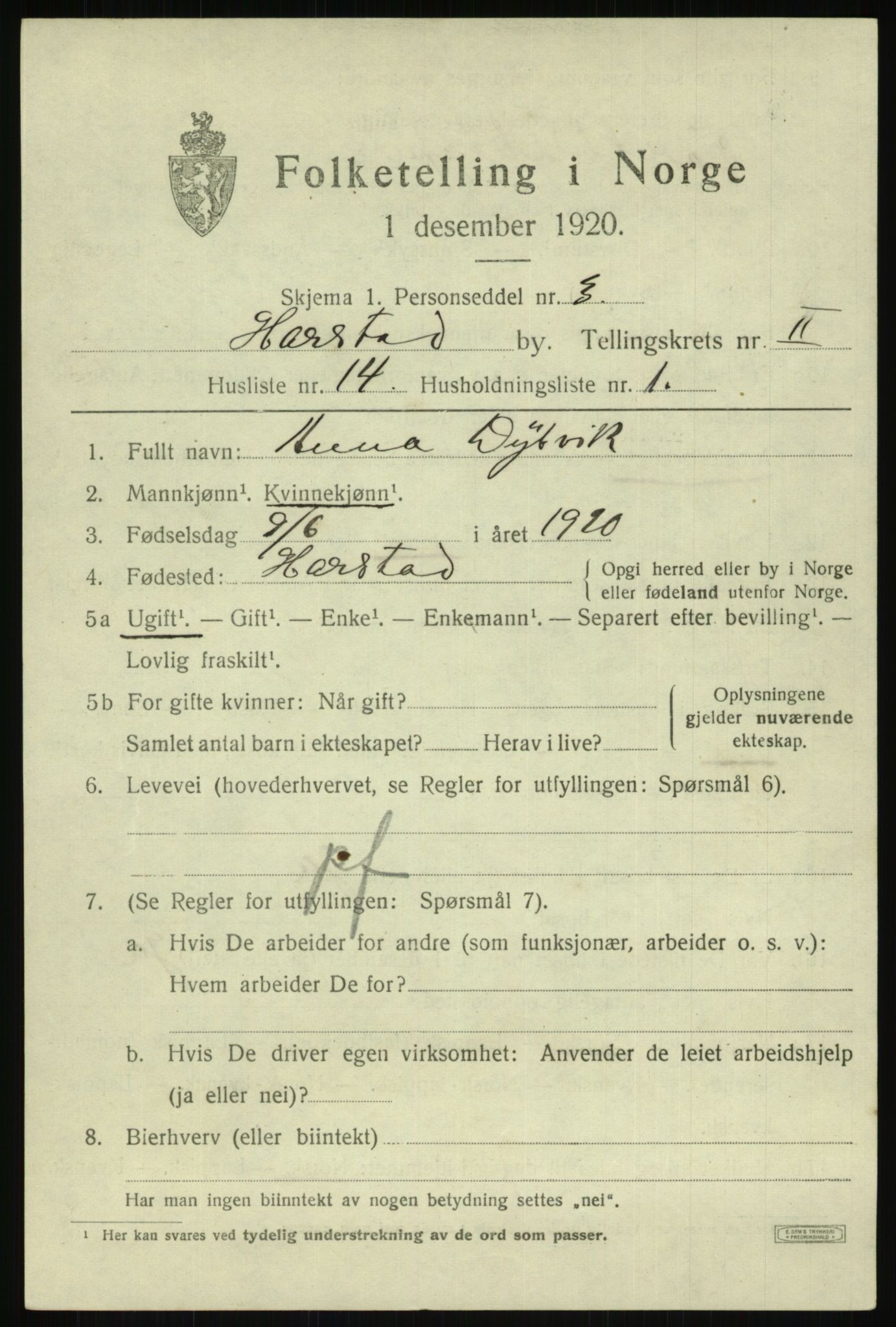 SATØ, 1920 census for Harstad, 1920, p. 3320