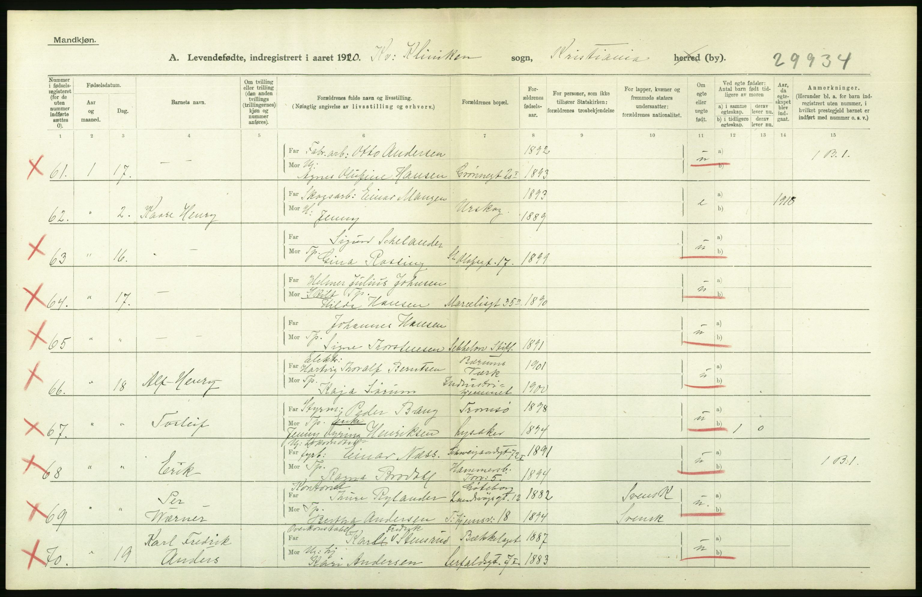Statistisk sentralbyrå, Sosiodemografiske emner, Befolkning, AV/RA-S-2228/D/Df/Dfb/Dfbj/L0008: Kristiania: Levendefødte menn og kvinner., 1920, p. 334