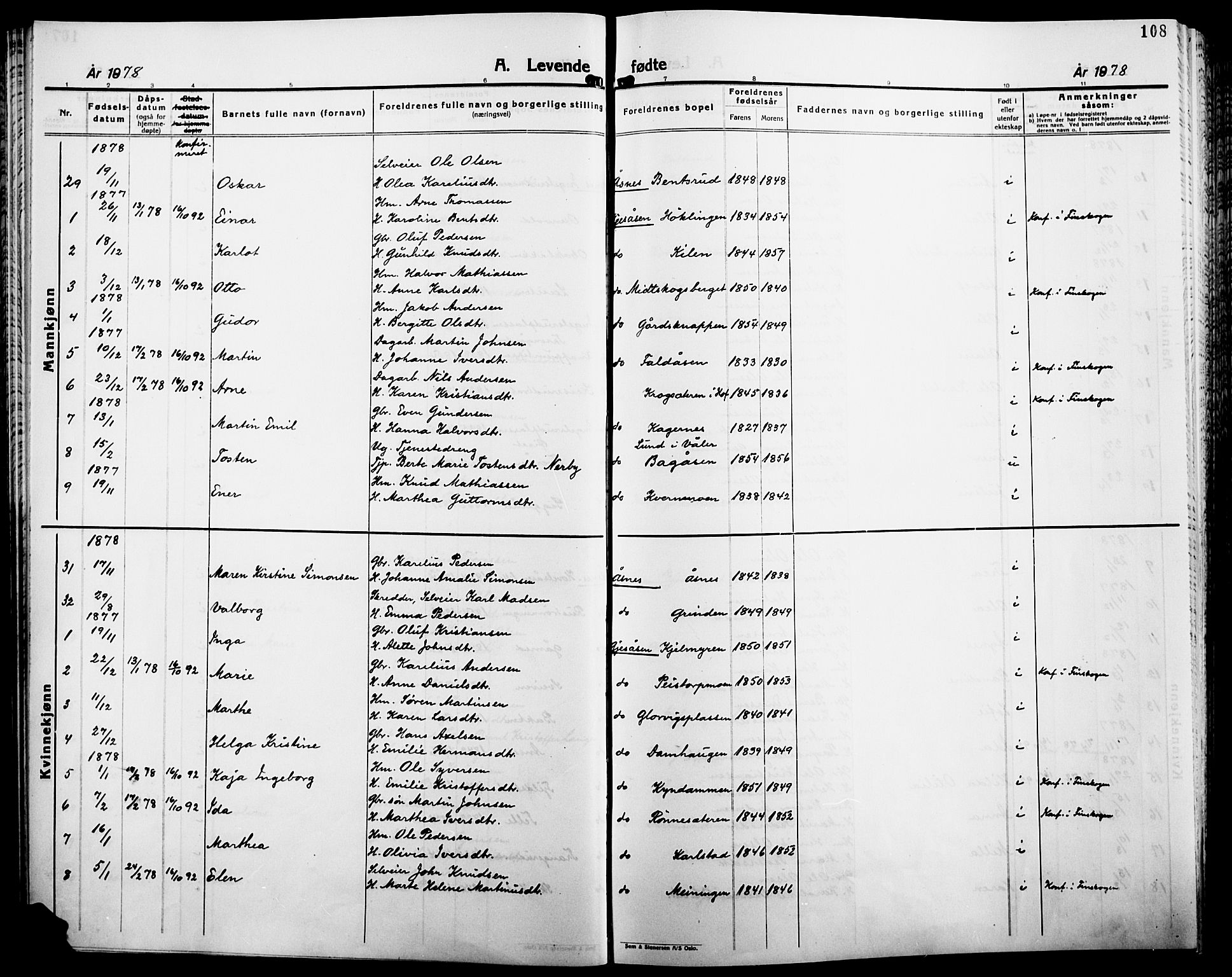 Åsnes prestekontor, SAH/PREST-042/H/Ha/Haa/L0000B: Parish register (official), 1870-1889, p. 108