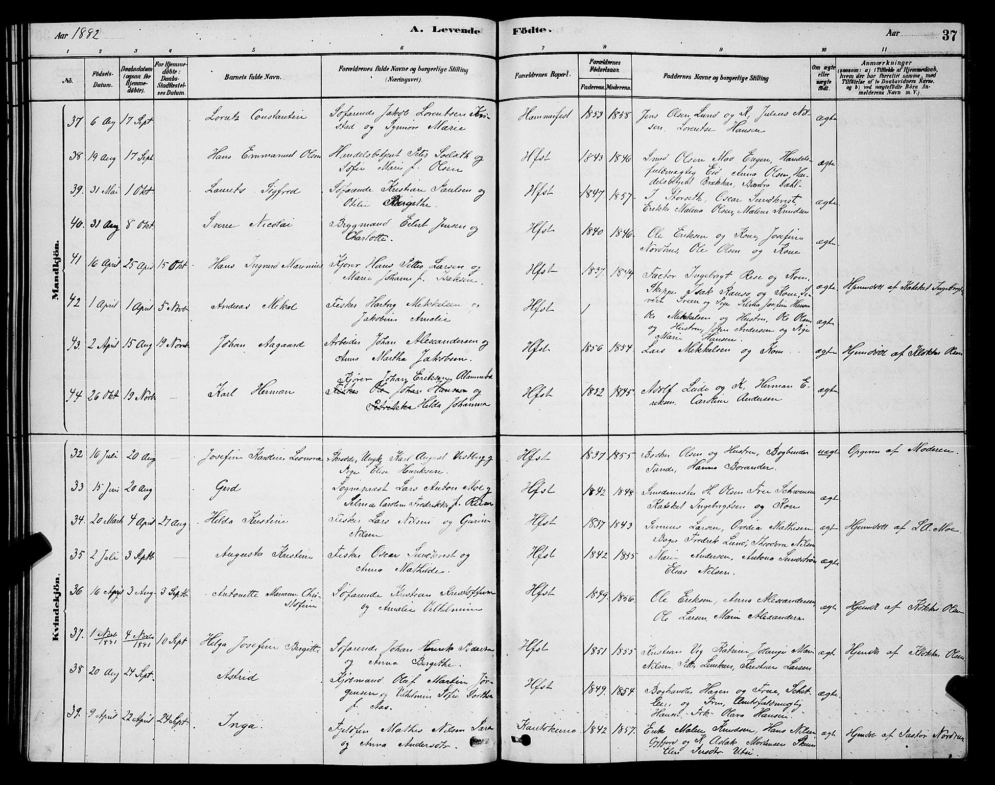 Hammerfest sokneprestkontor, AV/SATØ-S-1347/H/Hb/L0006.klokk: Parish register (copy) no. 6, 1876-1884, p. 37