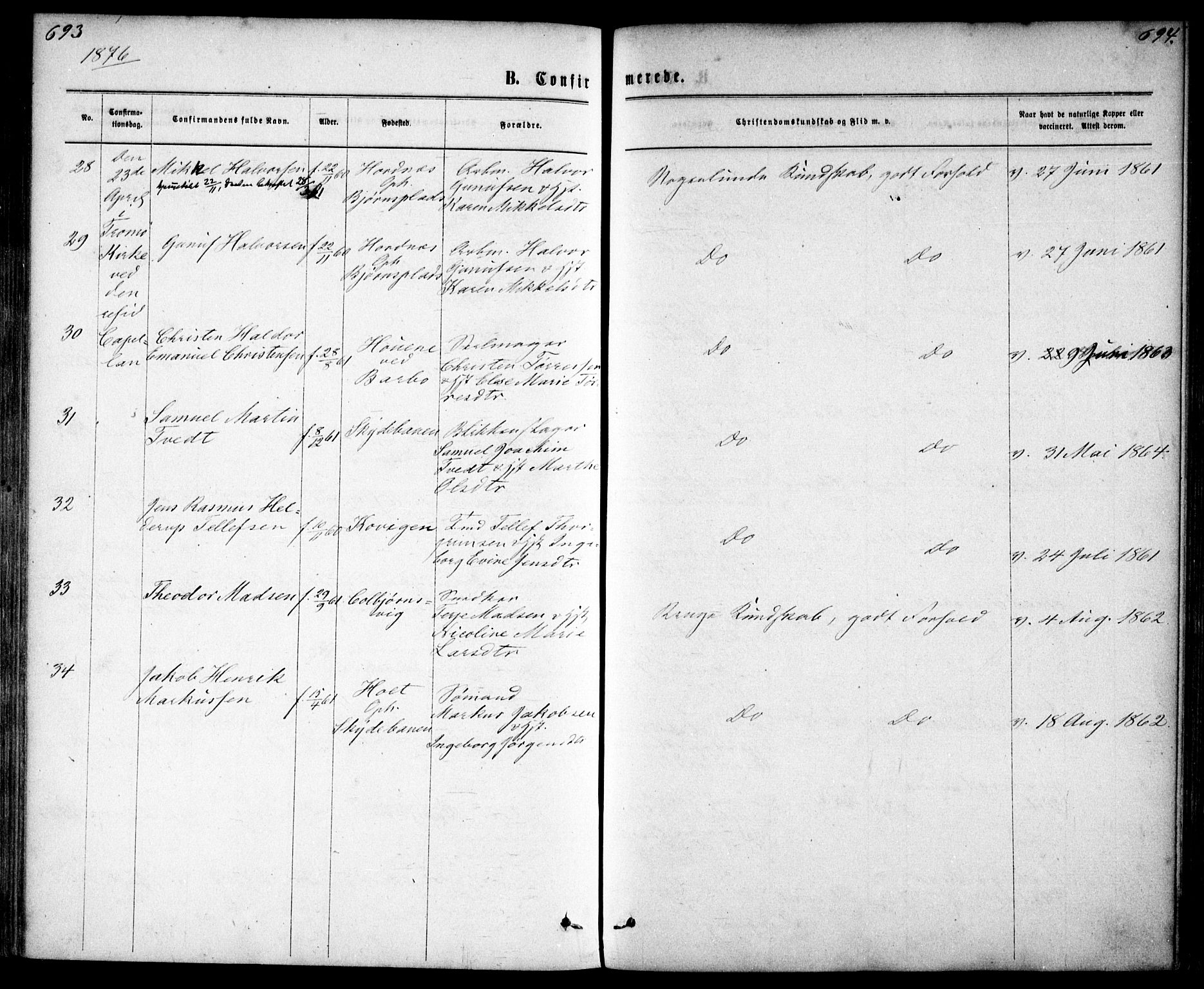 Tromøy sokneprestkontor, AV/SAK-1111-0041/F/Fa/L0008: Parish register (official) no. A 8, 1870-1877, p. 693-694