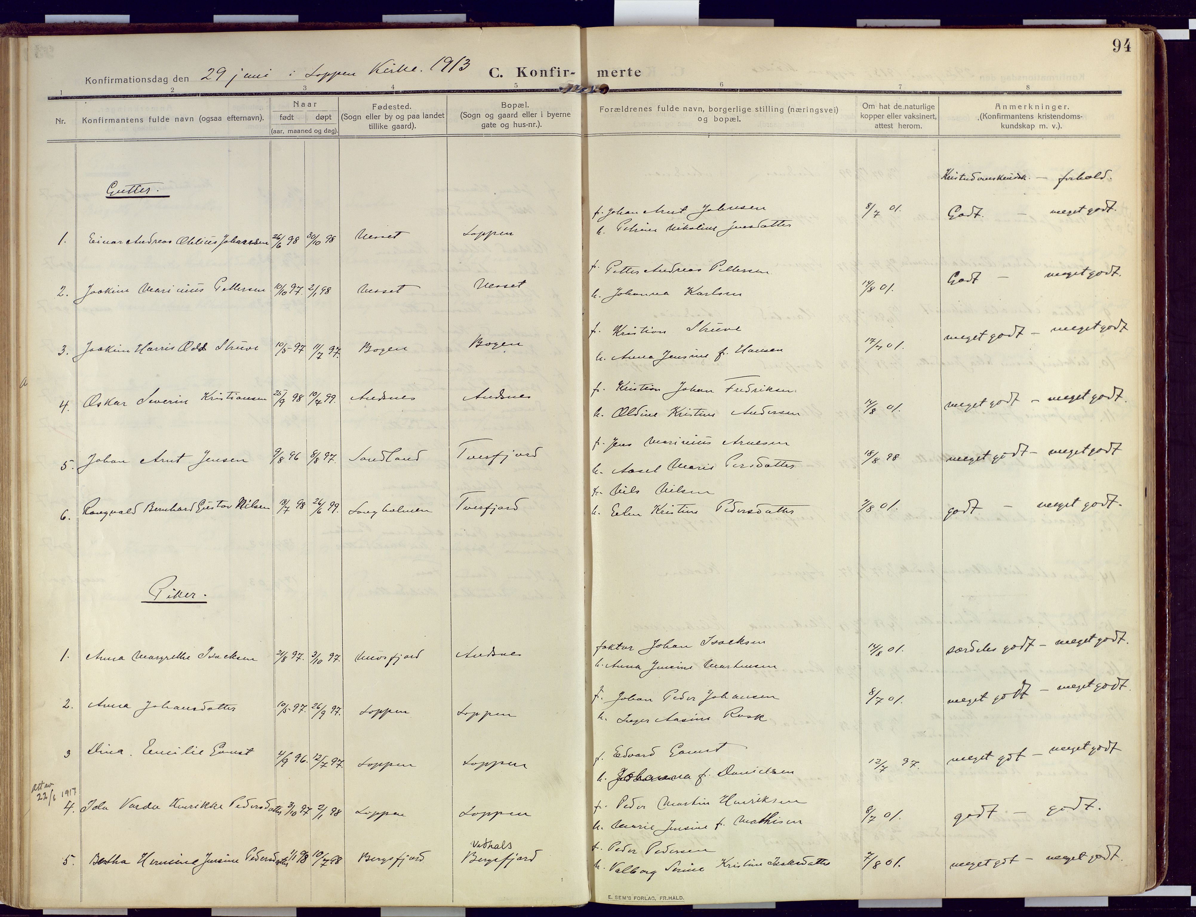Loppa sokneprestkontor, SATØ/S-1339/H/Ha/L0011kirke: Parish register (official) no. 11, 1909-1919, p. 94