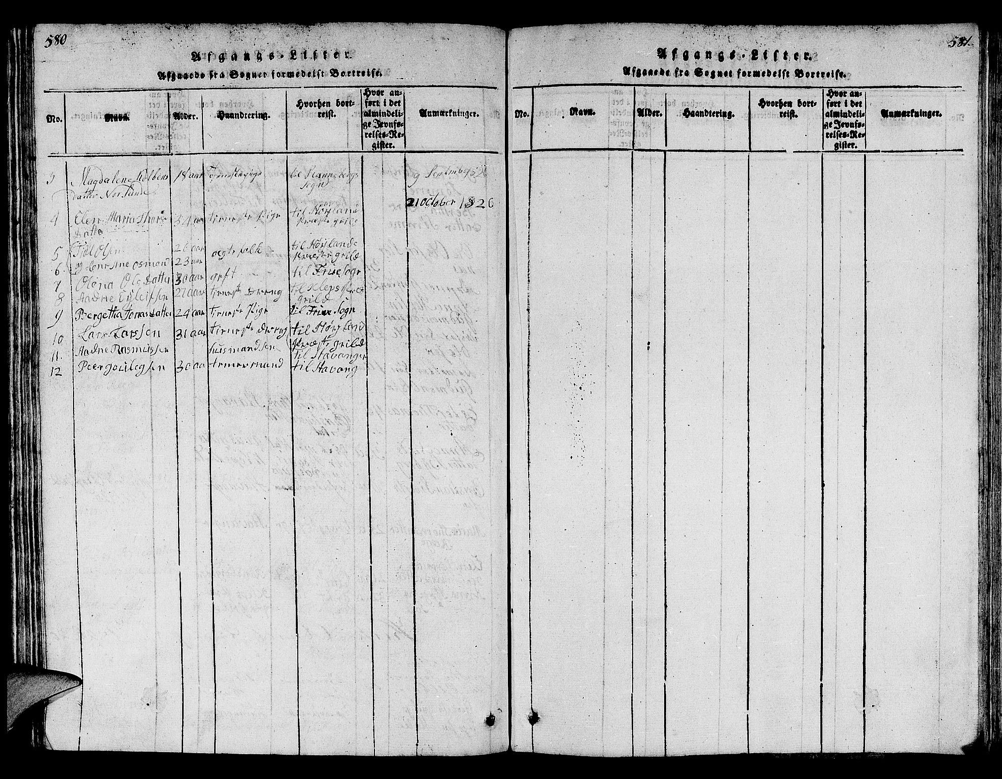Håland sokneprestkontor, SAST/A-101802/001/30BB/L0001: Parish register (copy) no. B 1, 1815-1845, p. 580-581