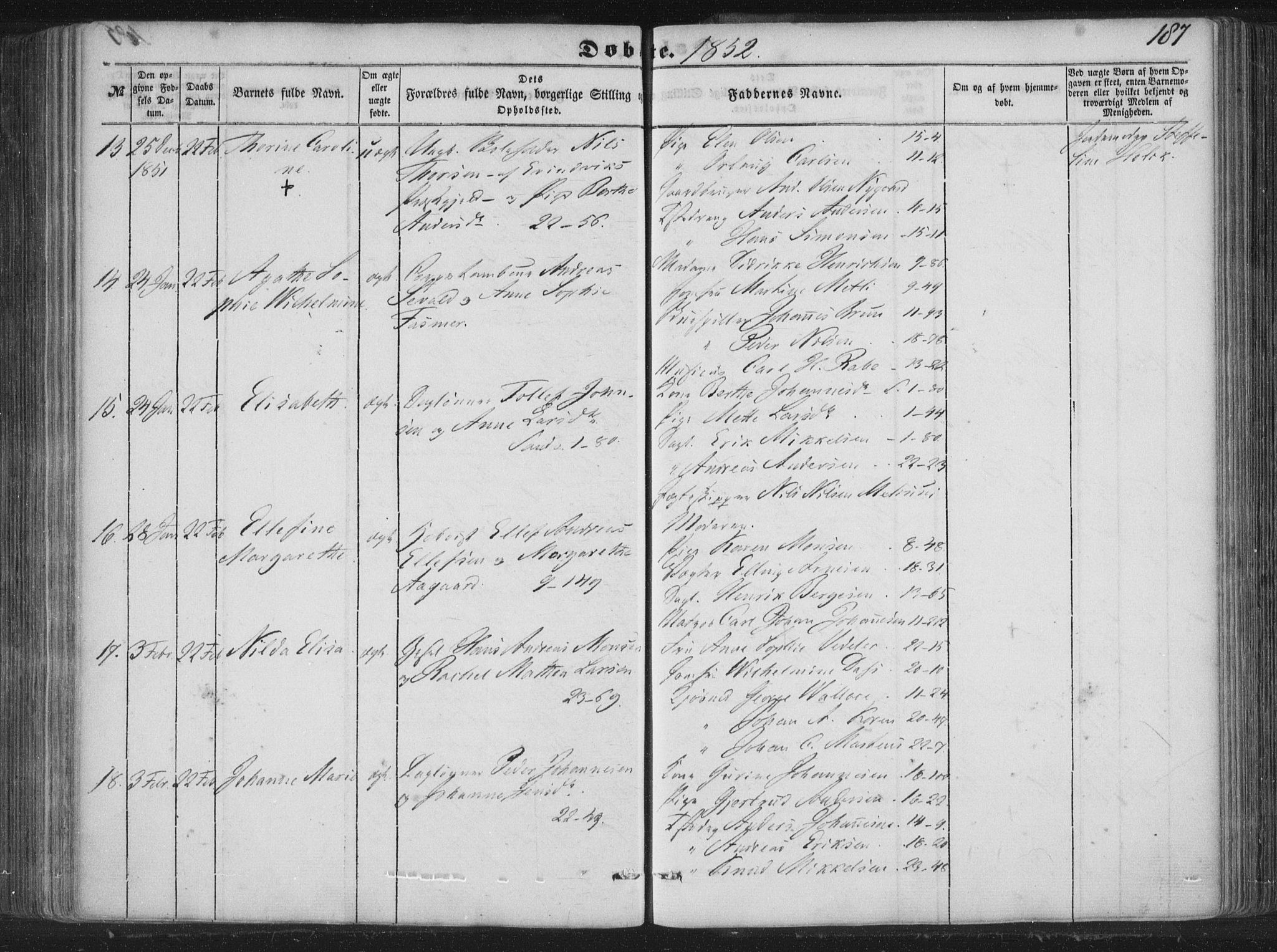 Korskirken sokneprestembete, AV/SAB-A-76101/H/Haa/L0017: Parish register (official) no. B 3, 1851-1857, p. 187