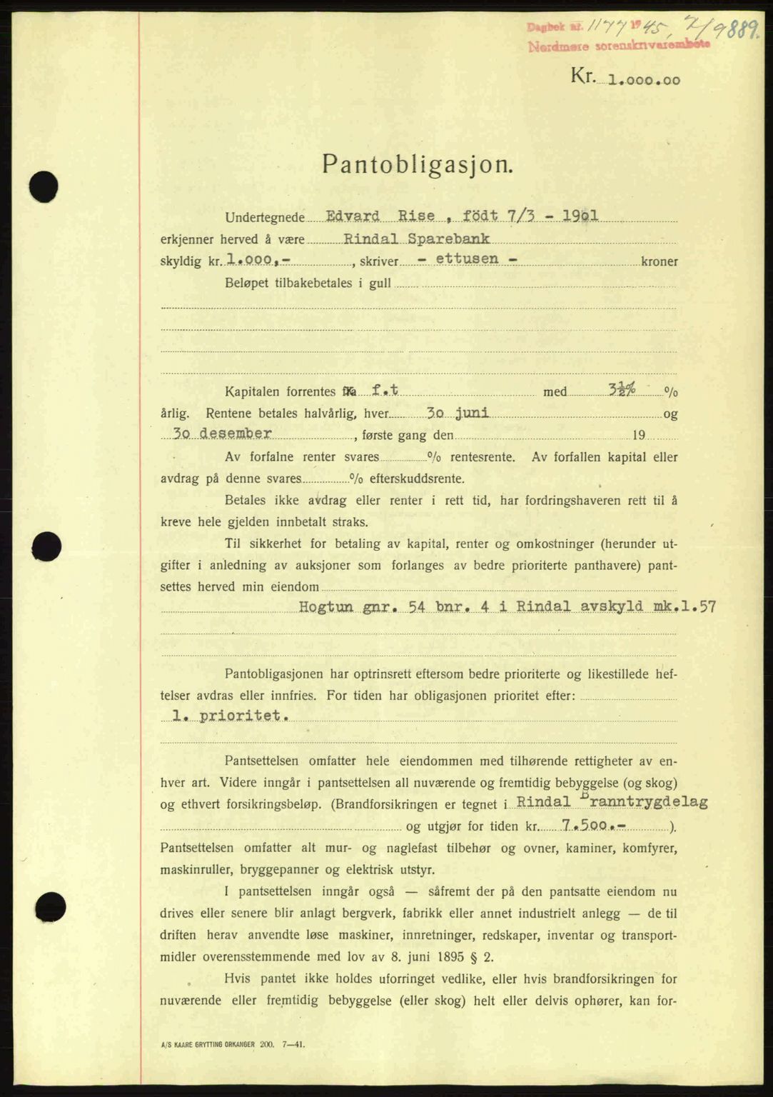 Nordmøre sorenskriveri, AV/SAT-A-4132/1/2/2Ca: Mortgage book no. B92, 1944-1945, Diary no: : 1177/1945